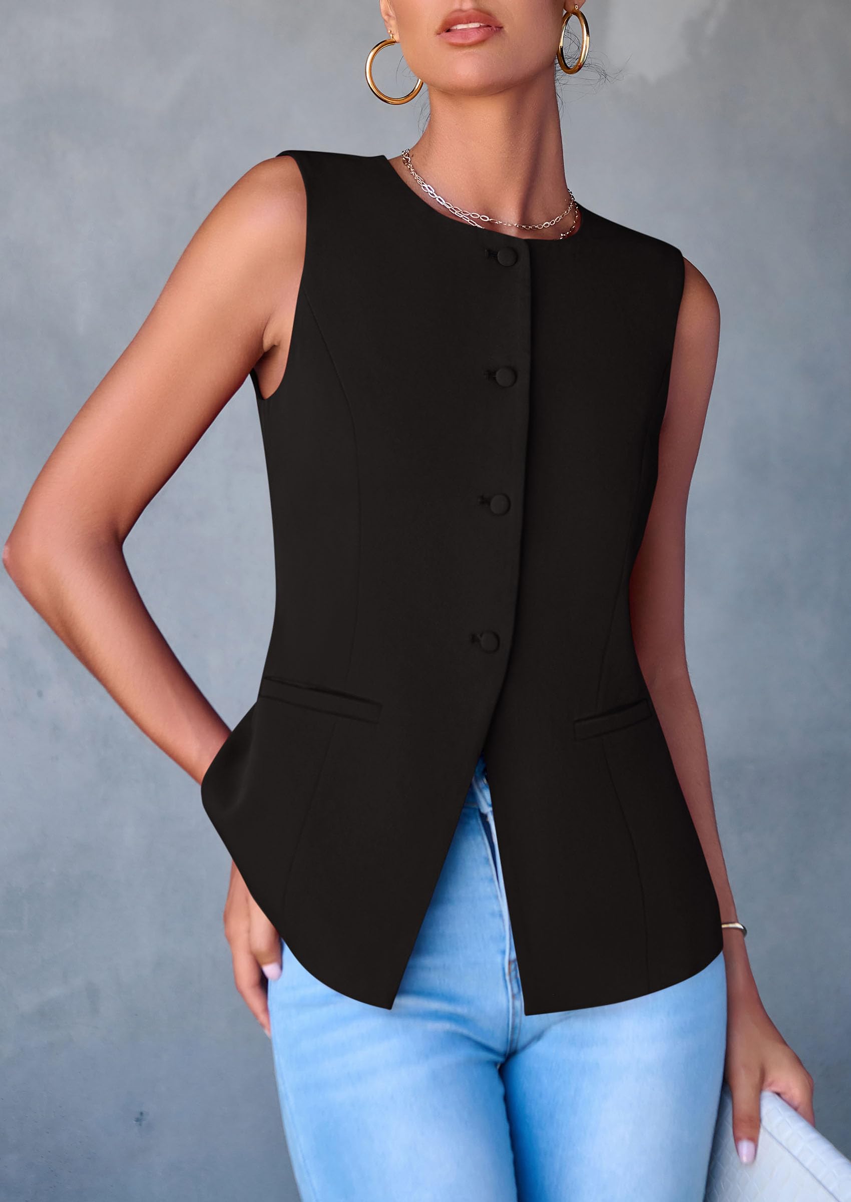 Women Tailored Suit Vest Business Casual Tops, Black,S