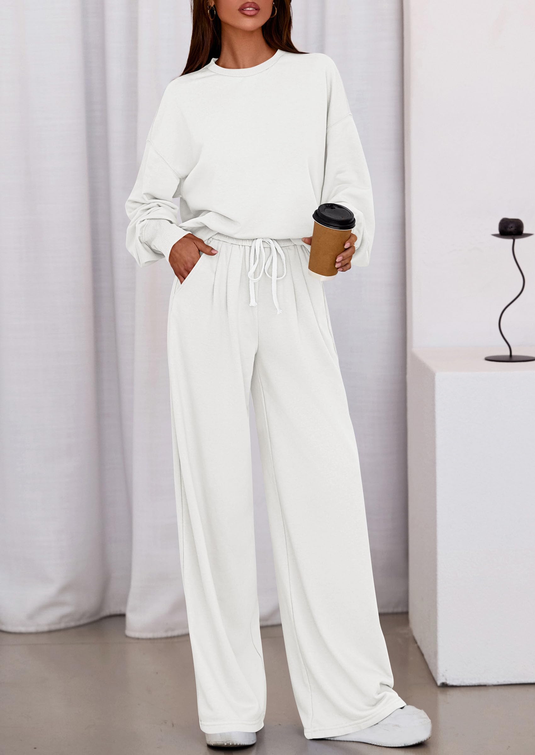 Womens Loose Fit Casual 2 Piece Lounge Set,White,M
