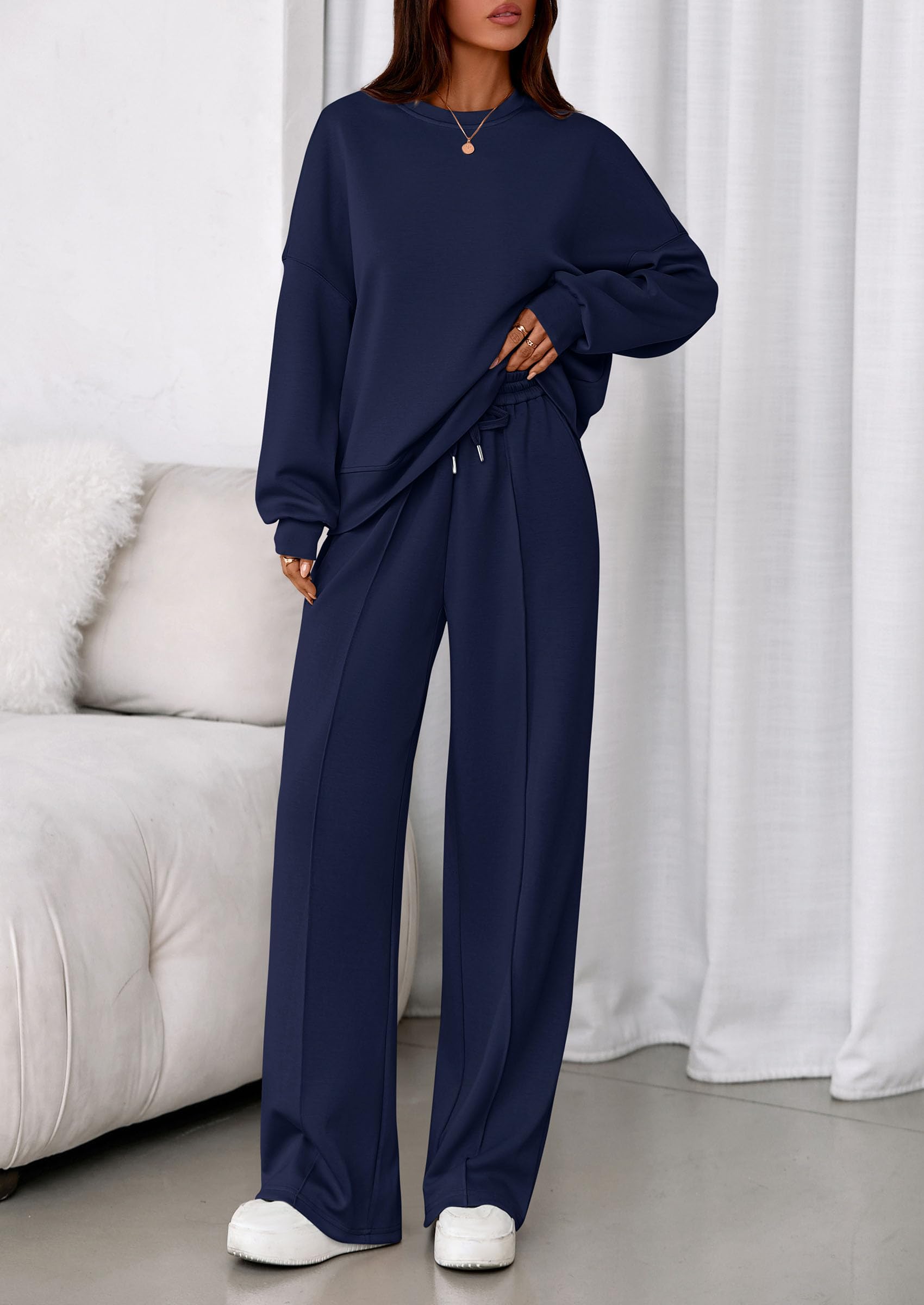 Womens Long Sleeve Sweatshirt 2 Piece Sets,Navy,S