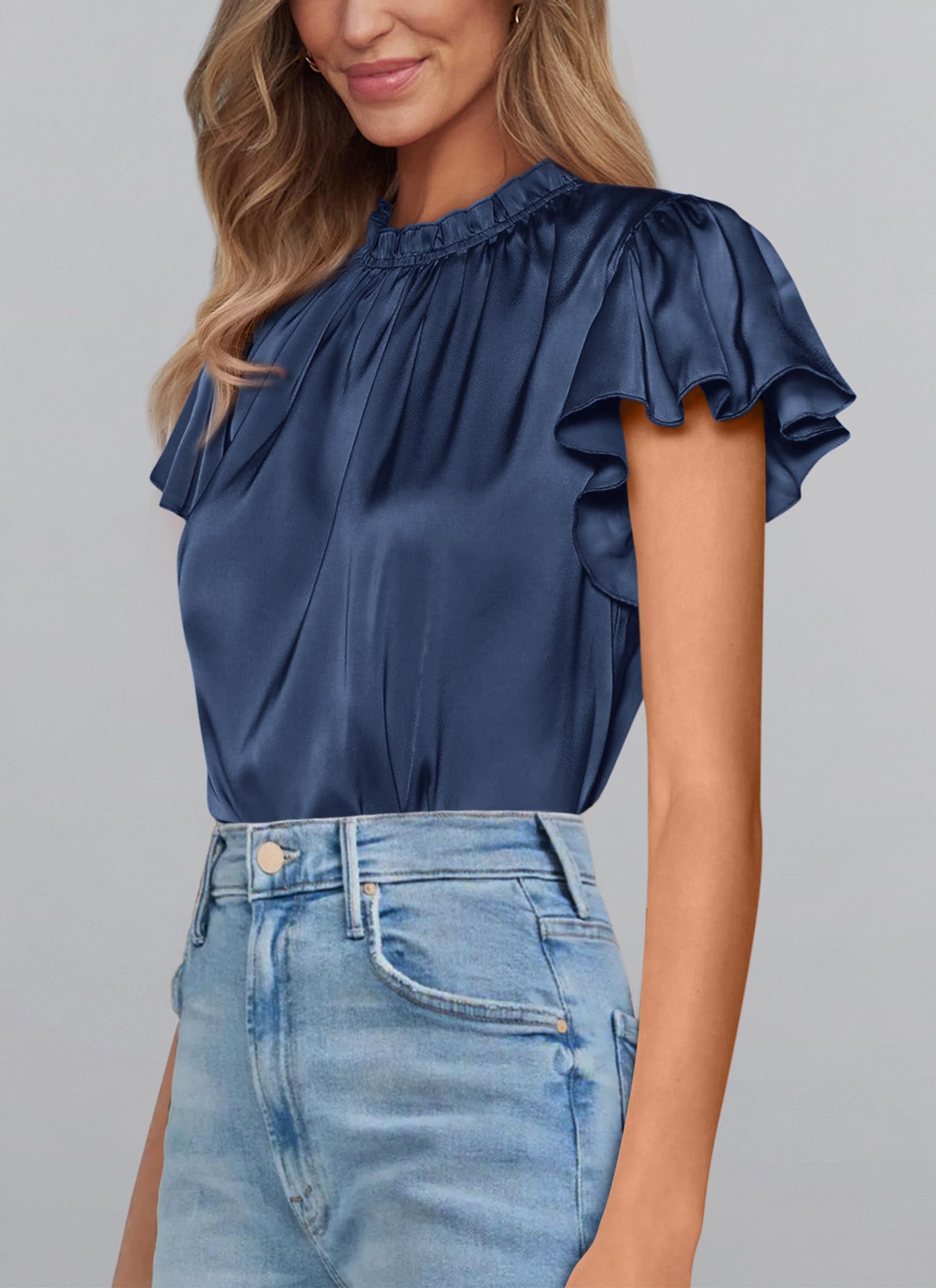 Women's Satin Tops Business Casual Work Blouses, Navy,S