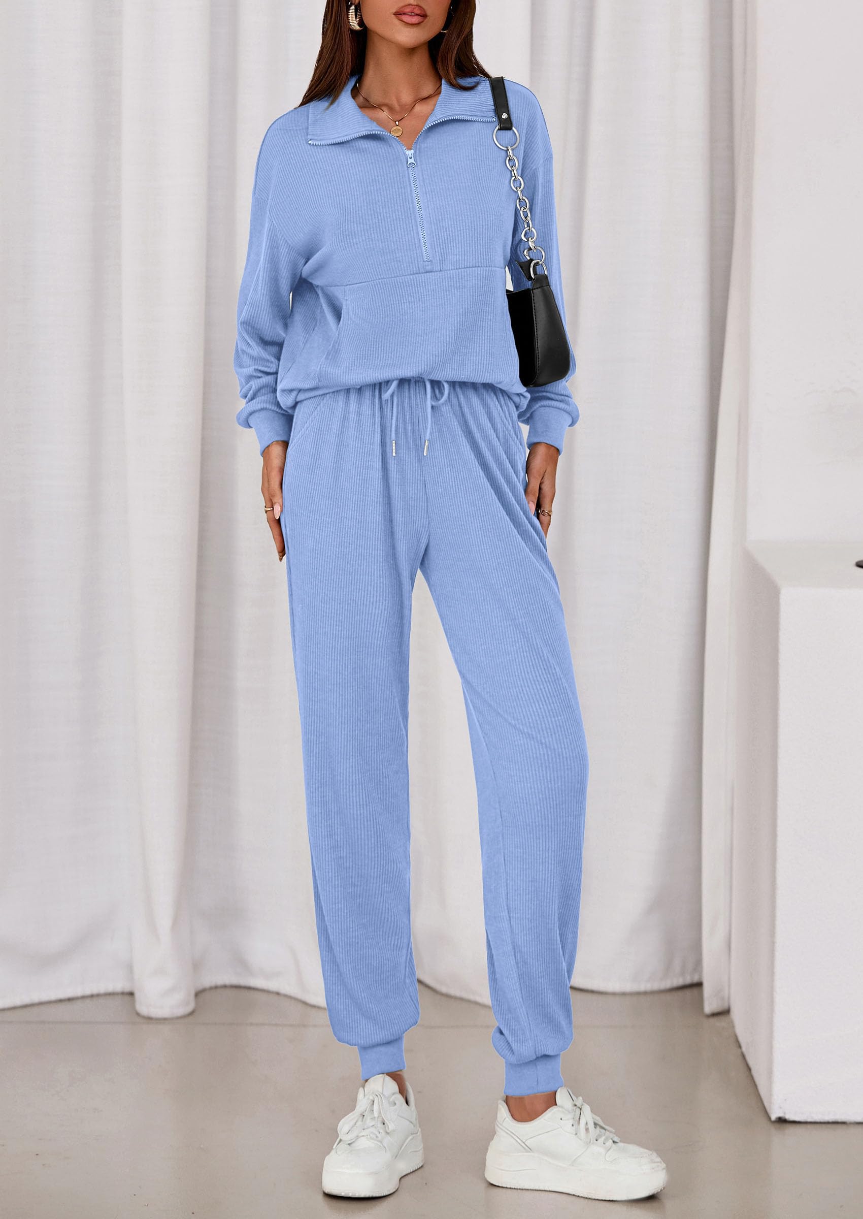 Airport Travel Outfit Women Ribbed Knit Matching Lounge Sets