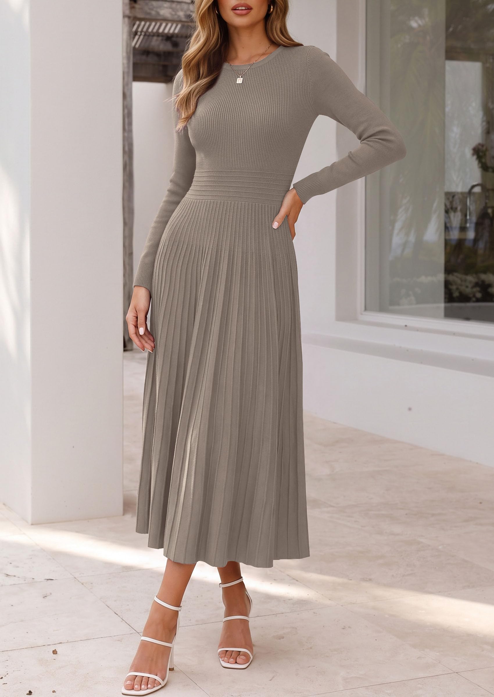 Women's Long Sleeve Knit Maxi Sweater Dress,Grey Khaki,S