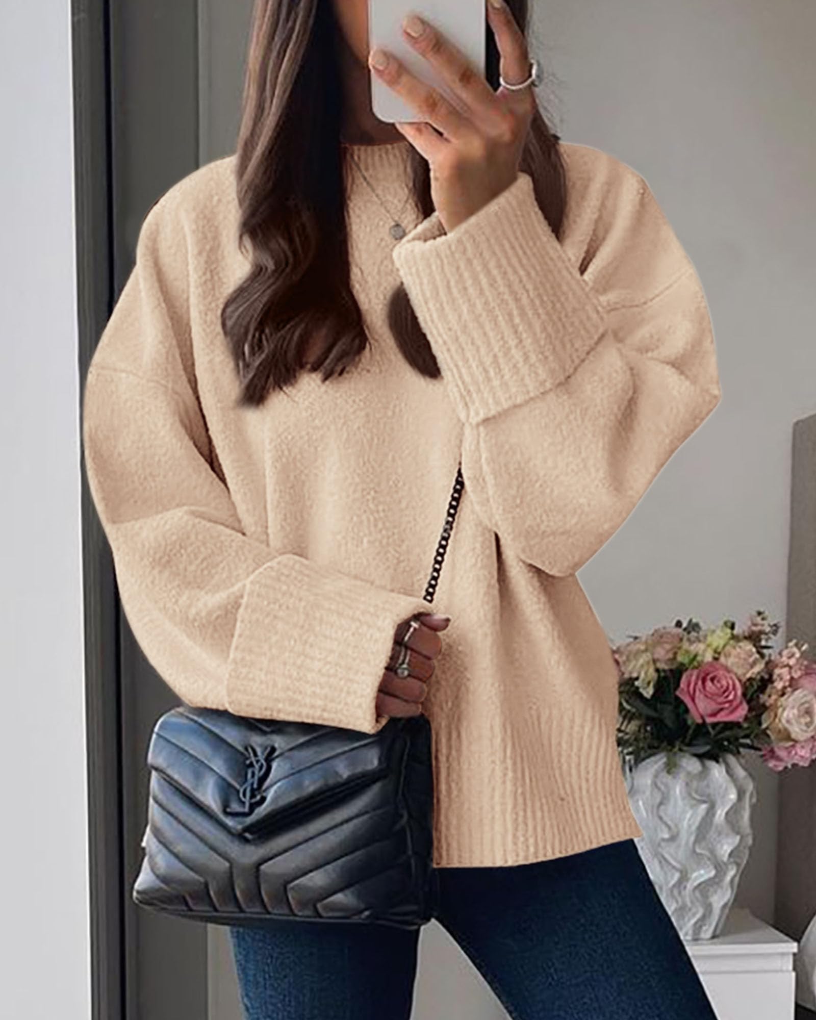 Women's Fall Fashion Cozy Oversized Sweaters(Apricot,XS)