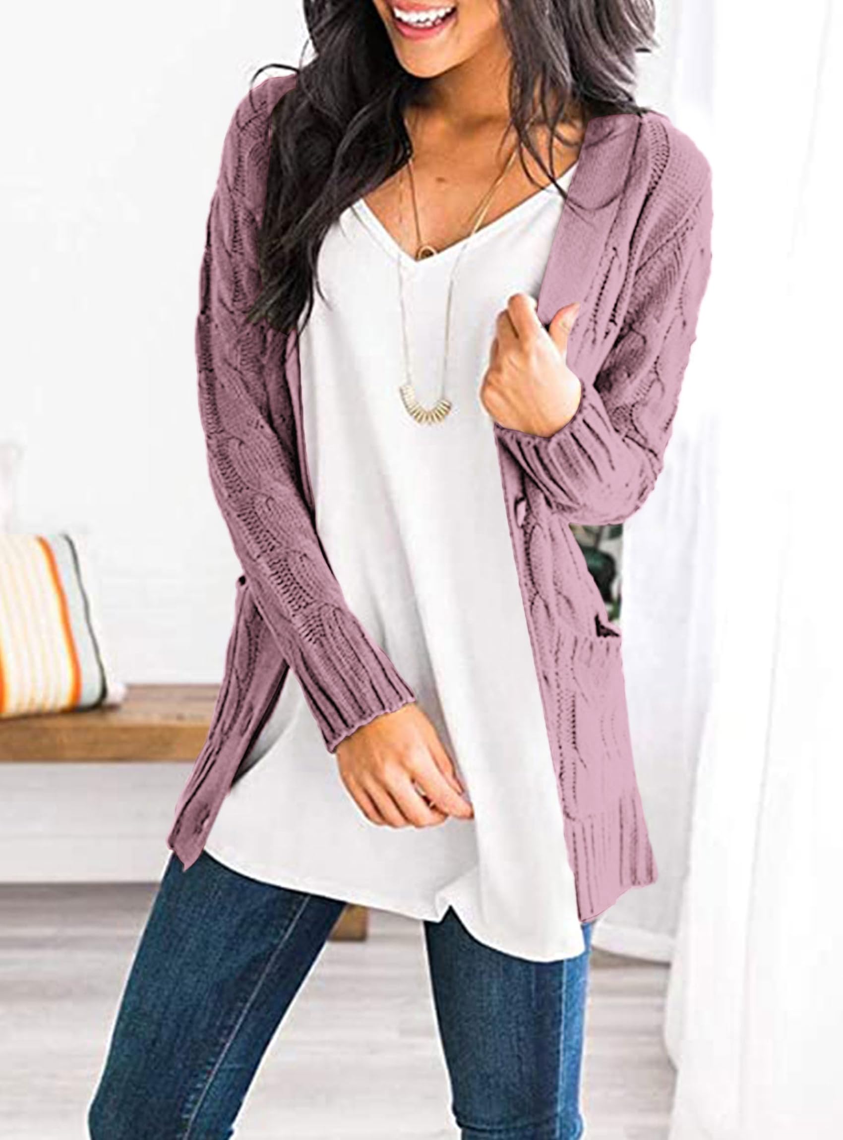 Women's Cable Knit Cardigan Sweaters Fall, Purple,S
