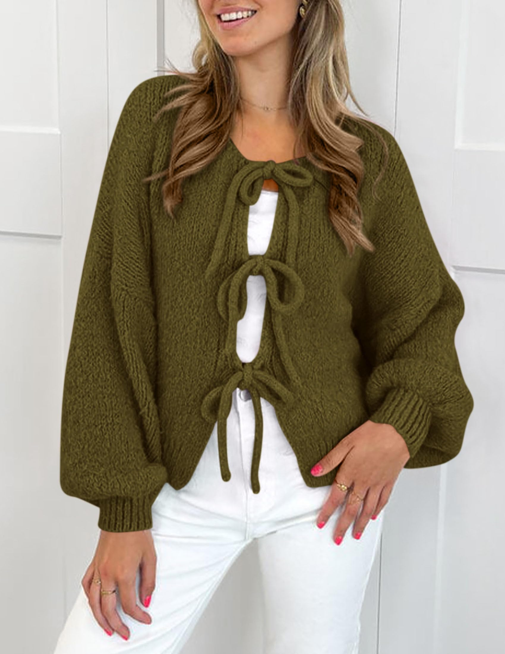Women's Tie Front Bow Cardigan Sweaters(Army Green,Small)