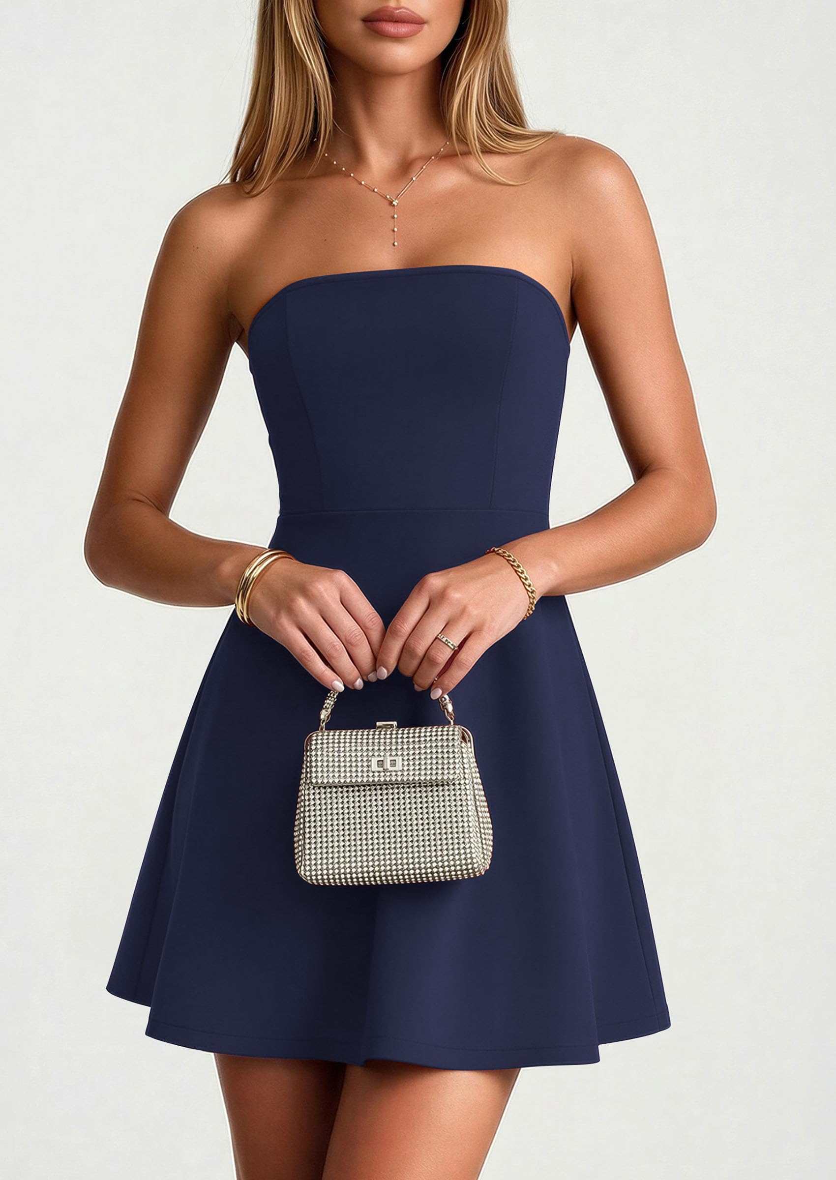 Women's Strapless A Line Mini Summer Dresses Navy Blue,XS