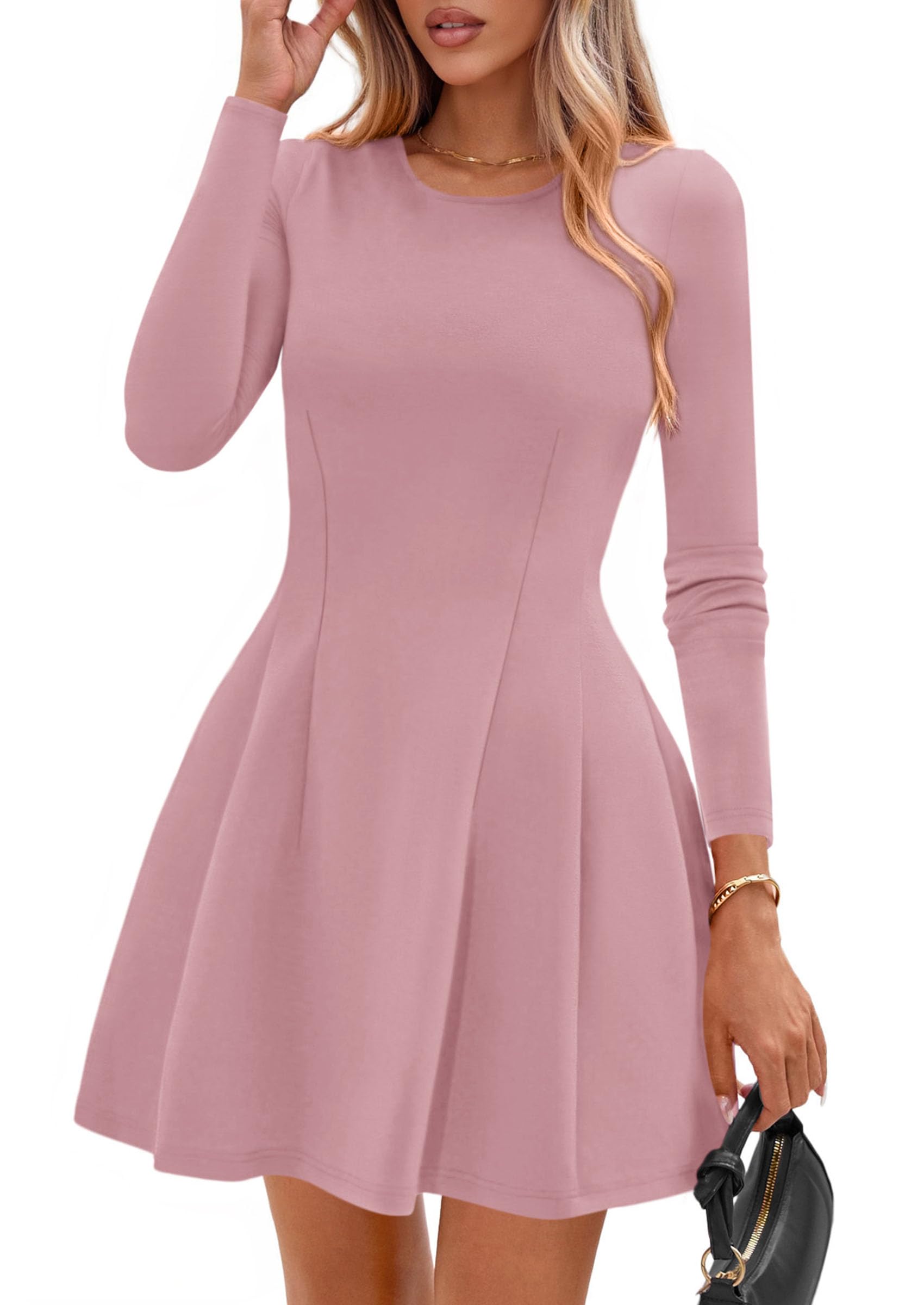 Womens Long Sleeve Pleated Mini Dress,Pink,XS