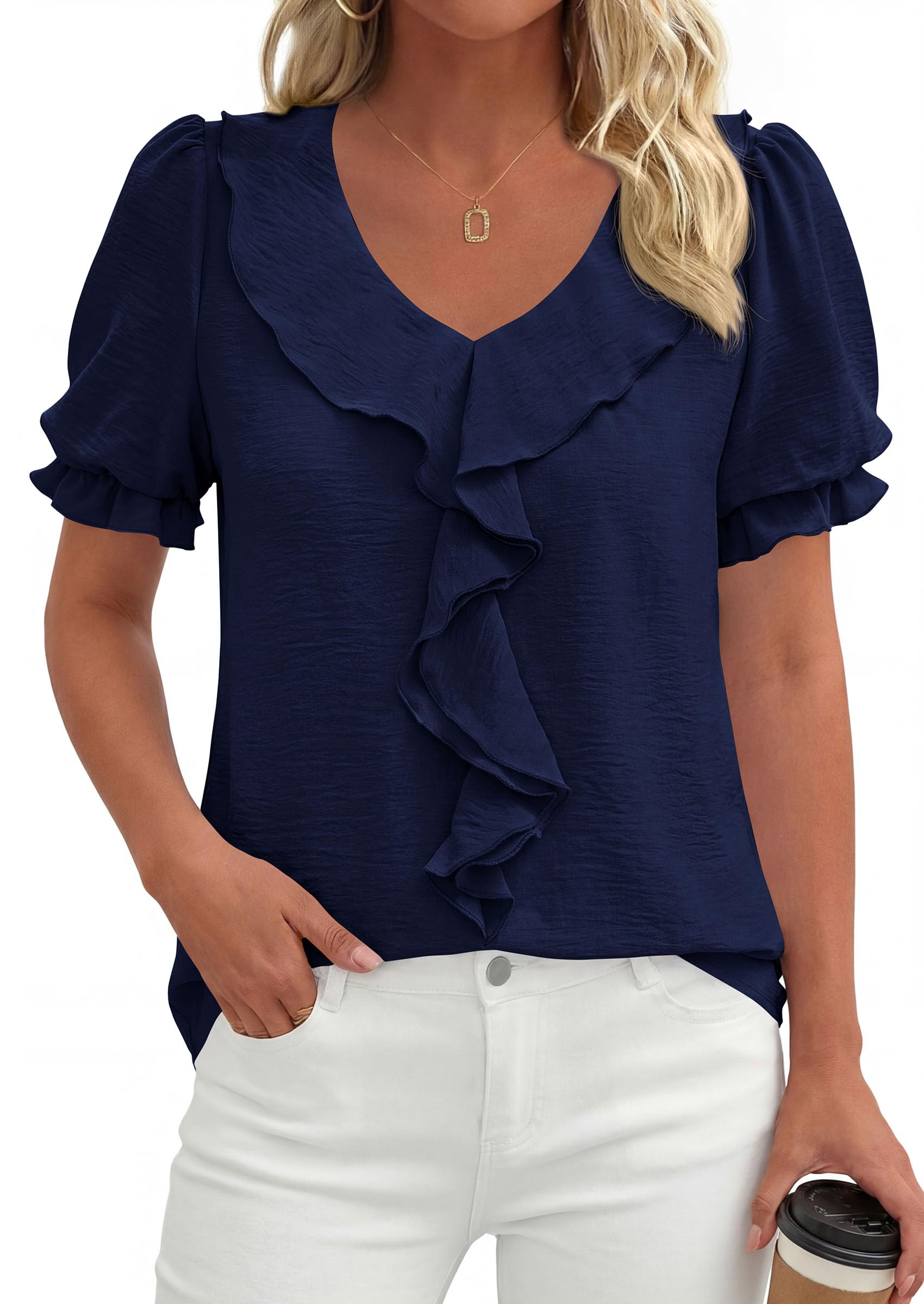 Women's Summer Ruffle Dressy Casual Blouses (Navy Blue,S)