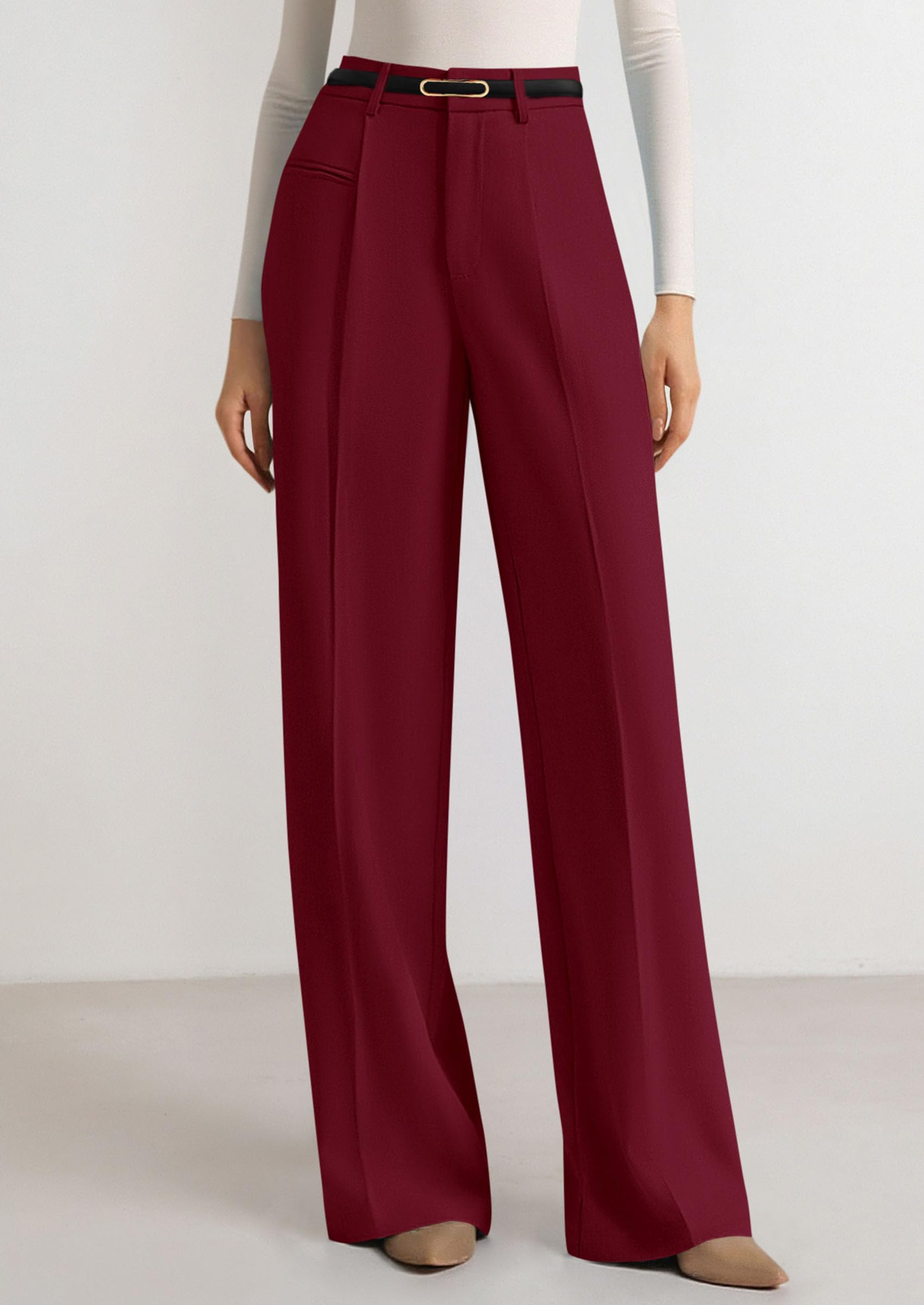Women's Tailored Wide Leg Work Dress Pants,Burgundy,XS