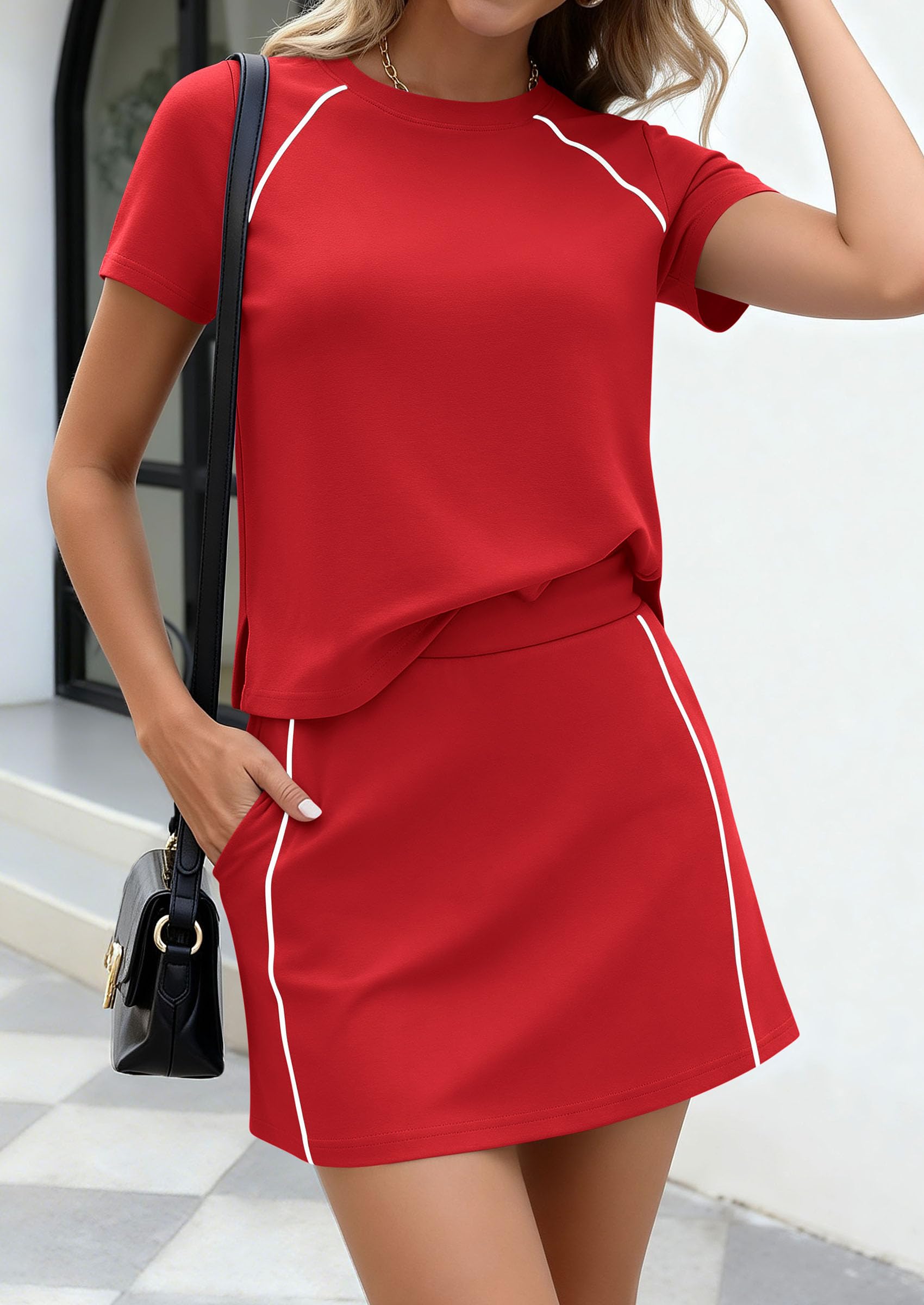 Women's 2 Piece Skirt Sets Matching Clothing (Red,S)