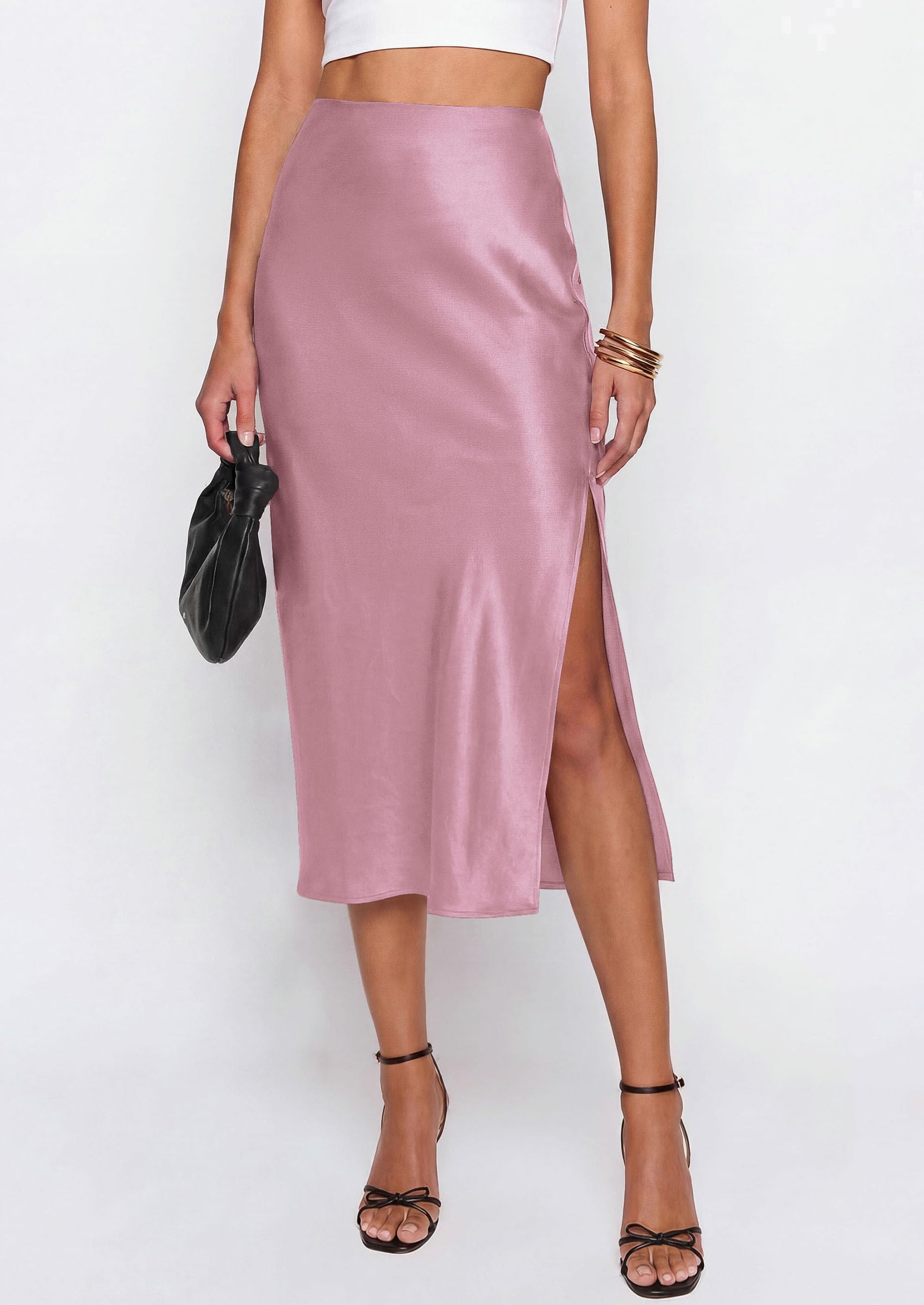 Womens Satin Skirt Silk Slip Midi Work Skirts, Pink, S