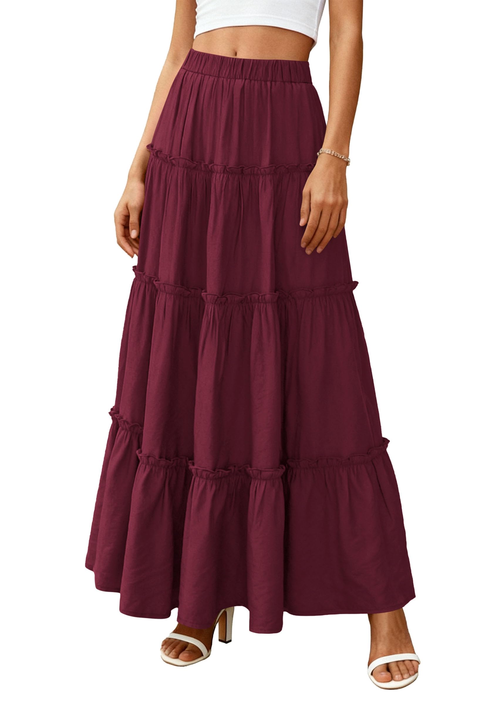 Women's Boho Tiered Ruffle Flowy Maxi Skirt, Burgundy,S