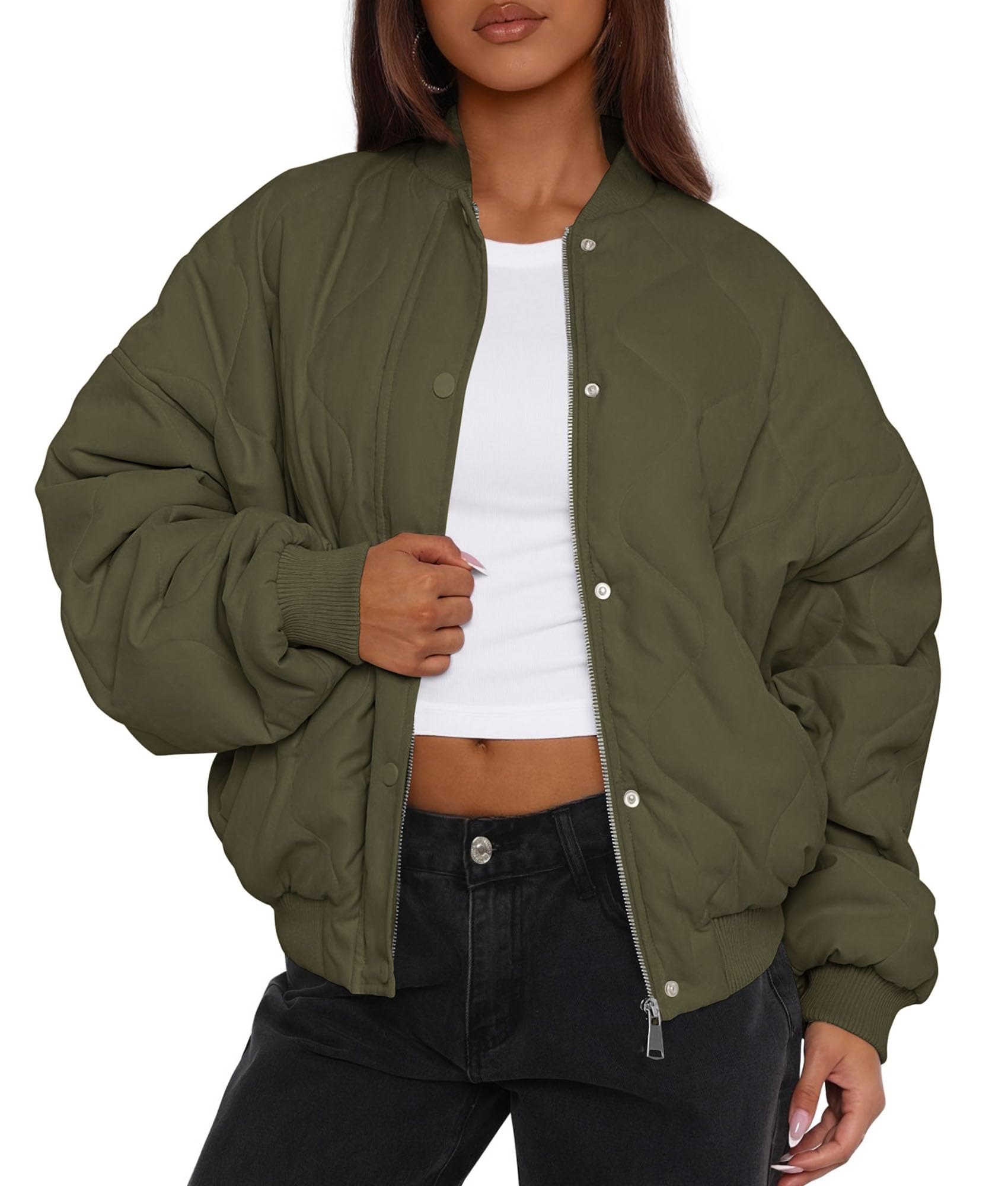 Women's Quilted Bomber Jacket Fall Fashion 2026 Lightweight Cropped Zip up Outerwear Winter Puffer Coats Pockets (Army Green,Medium)