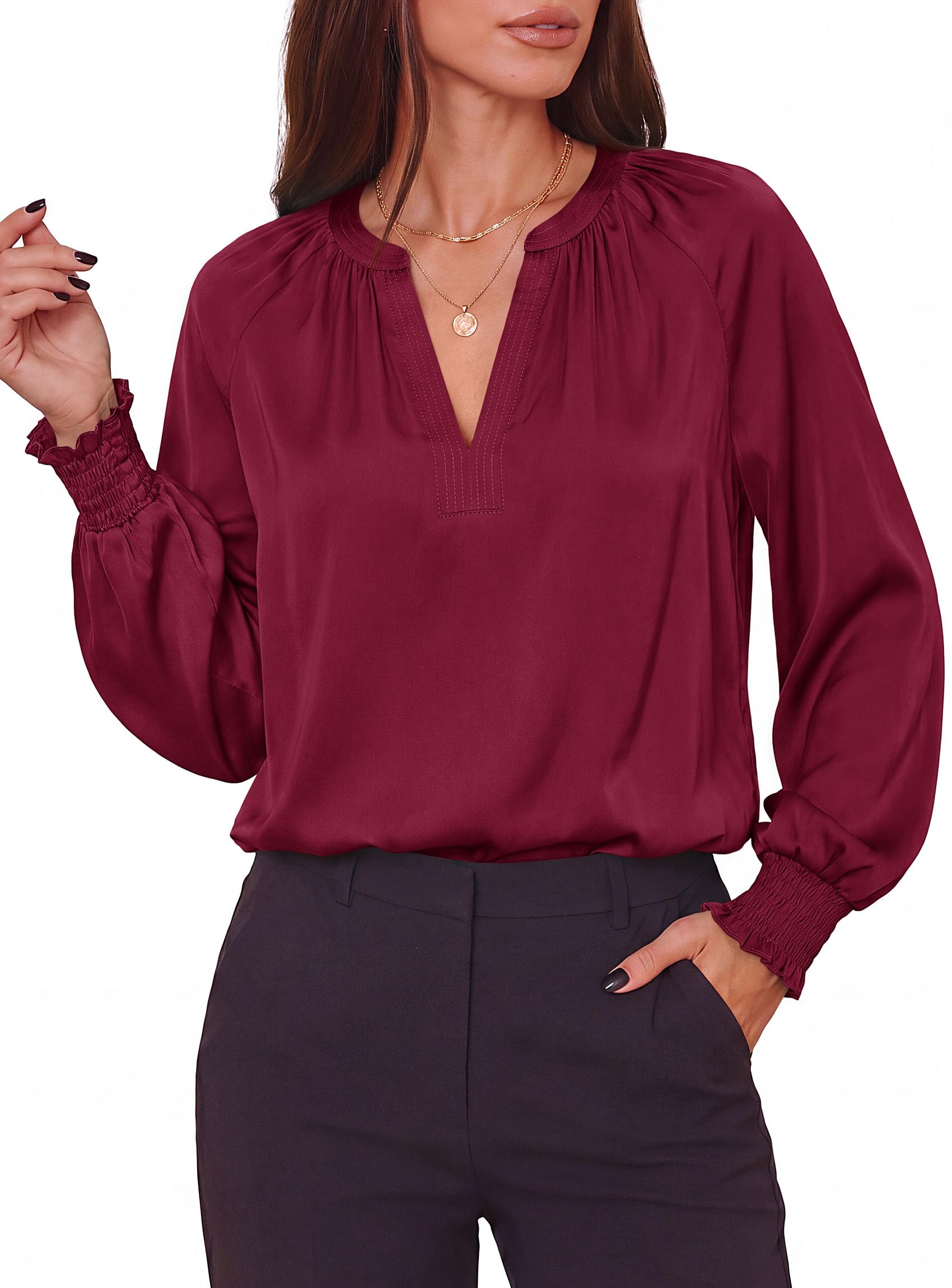 Women's Satin Blouses V Neck Long Sleeve Tops,Burgundy,S