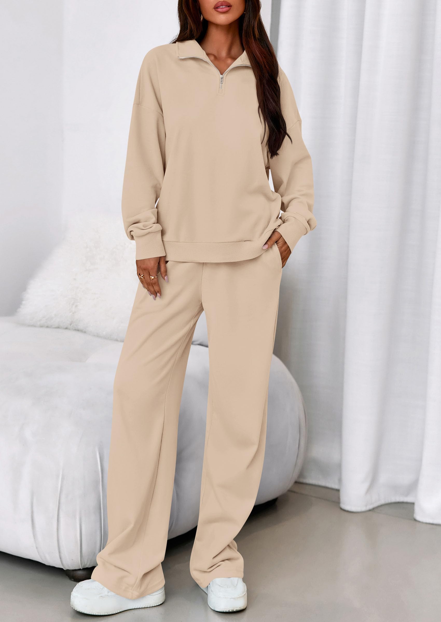 Womens 2 Piece Outfits Matching Lounge Sets,Beige,S