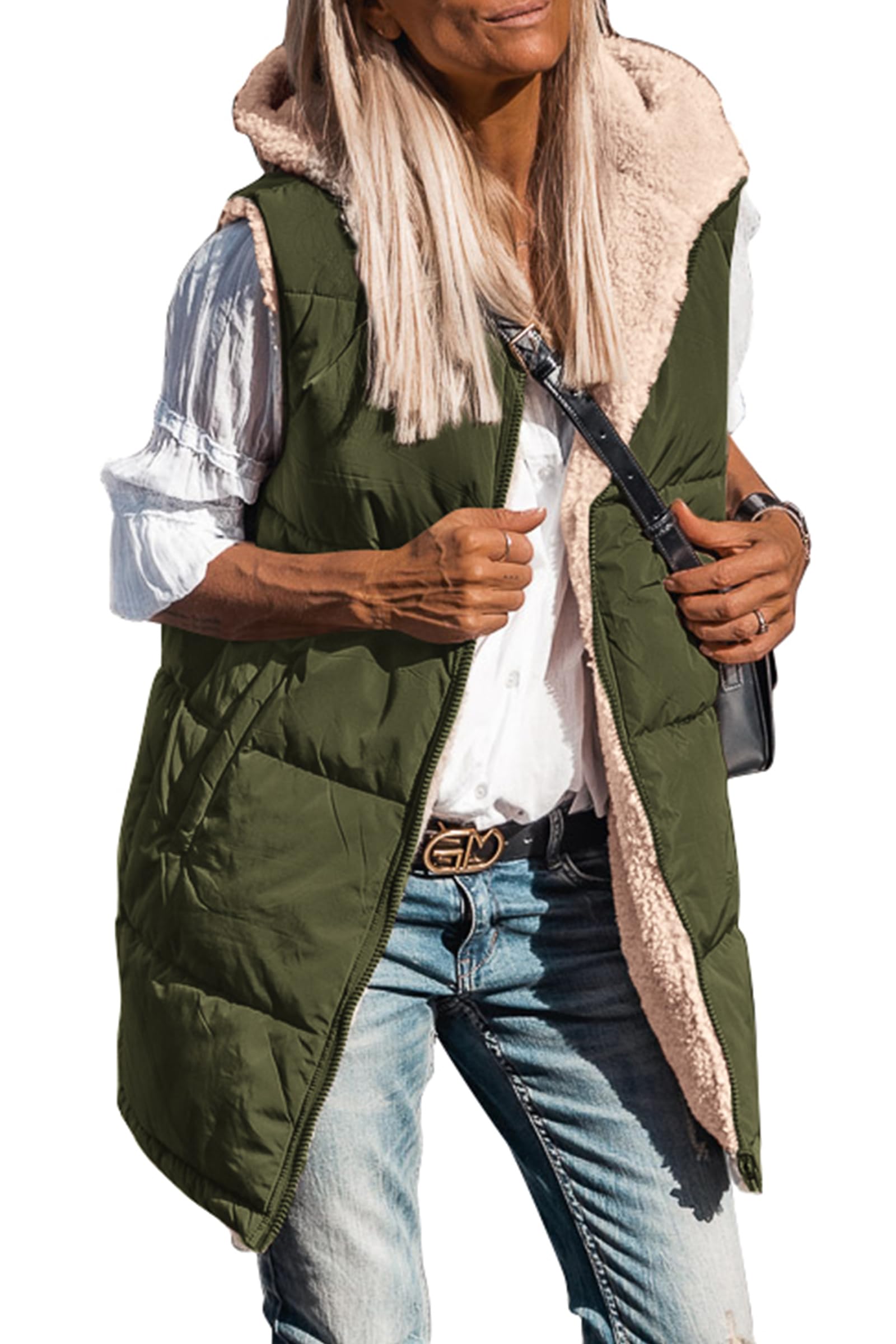 Women's Winter Reversible Fleece Long Vests(Army Green,S)