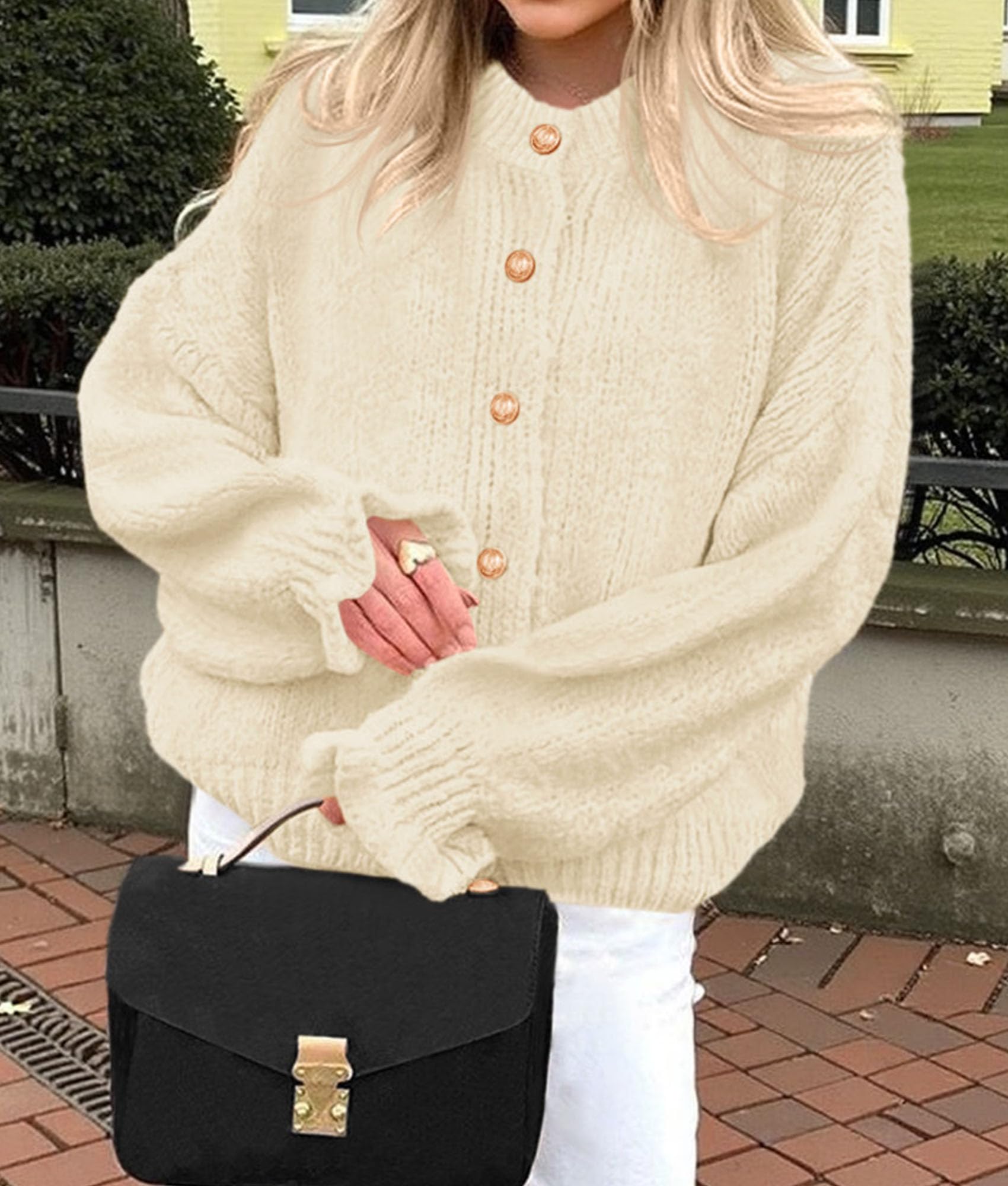 Womens Long Sleeve Chunky Knit Cardigan Sweaters,Beige,S