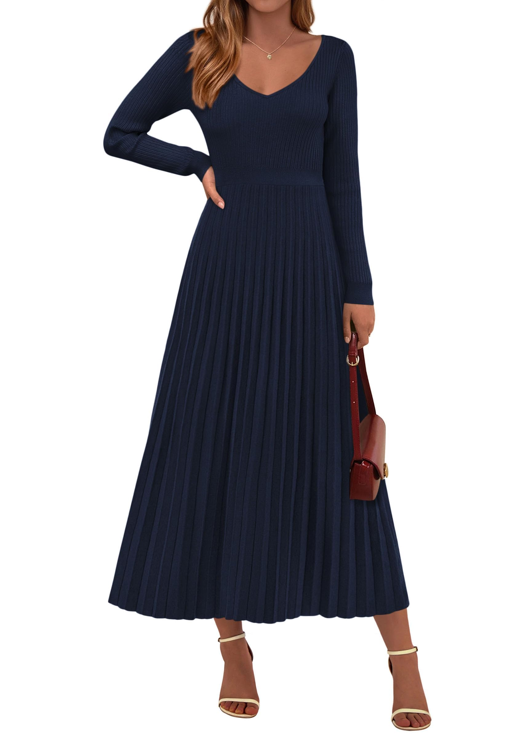 Sweater Dress Women Long Sleeve Maxi Flowy Pleated Dresses