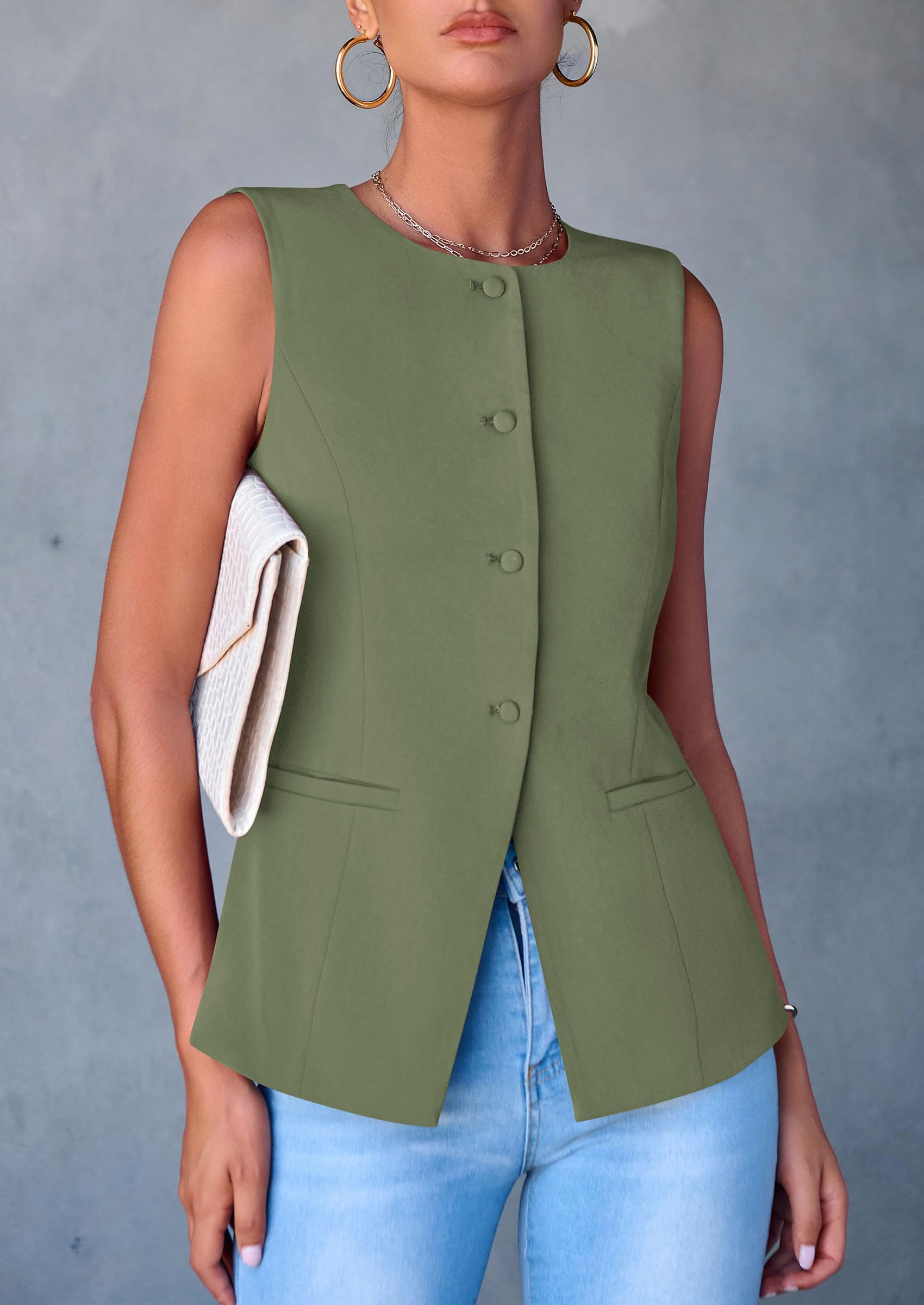 Women Tailored Suit Vest Business Casual Tops, Light Green,S
