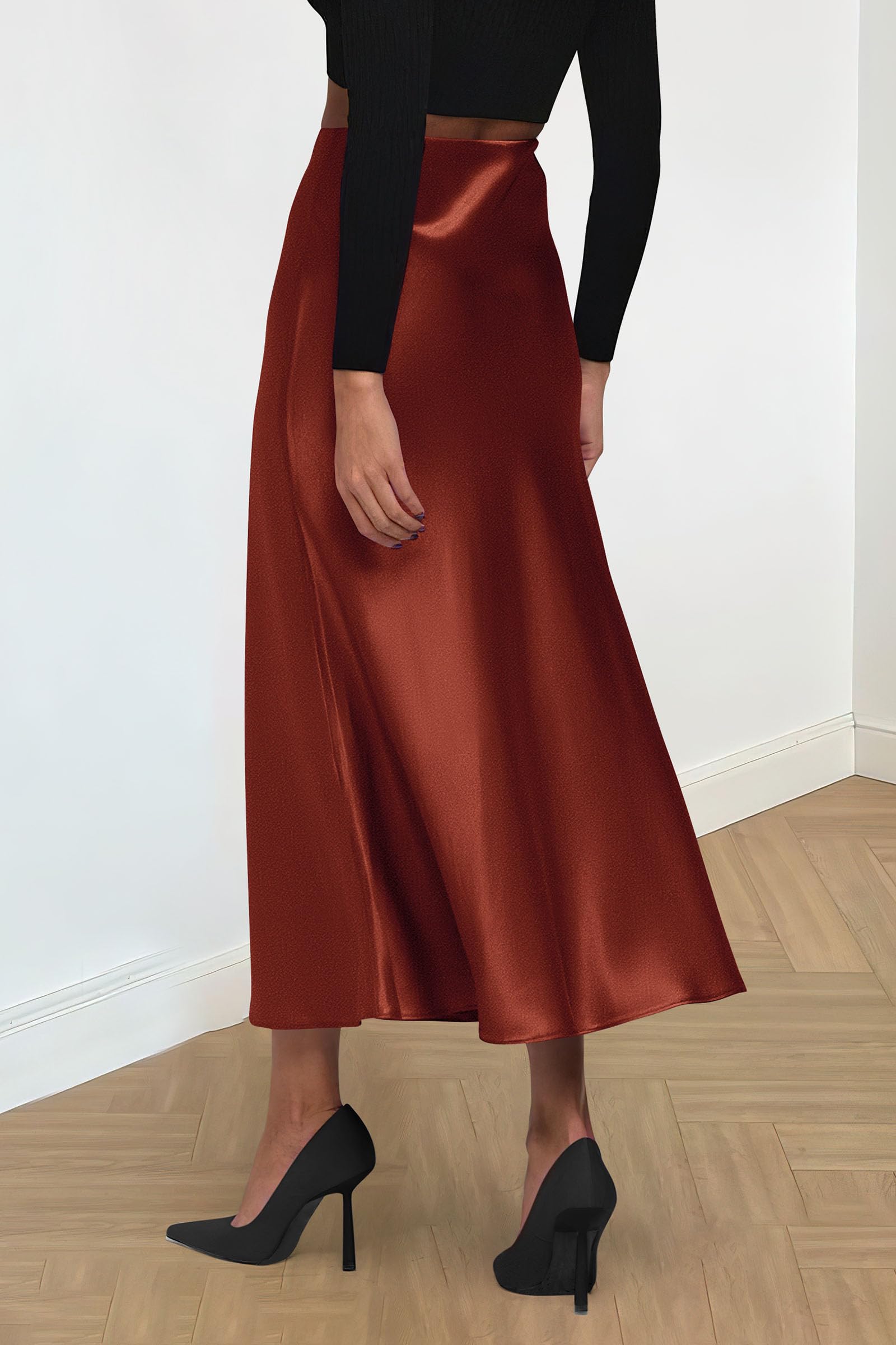 Women's Satin Skirts Dressy Casual 2025 Fall High Waisted Cocktail Wedding Flowy Elegant A Line Midi Skirt (Brown,Small)