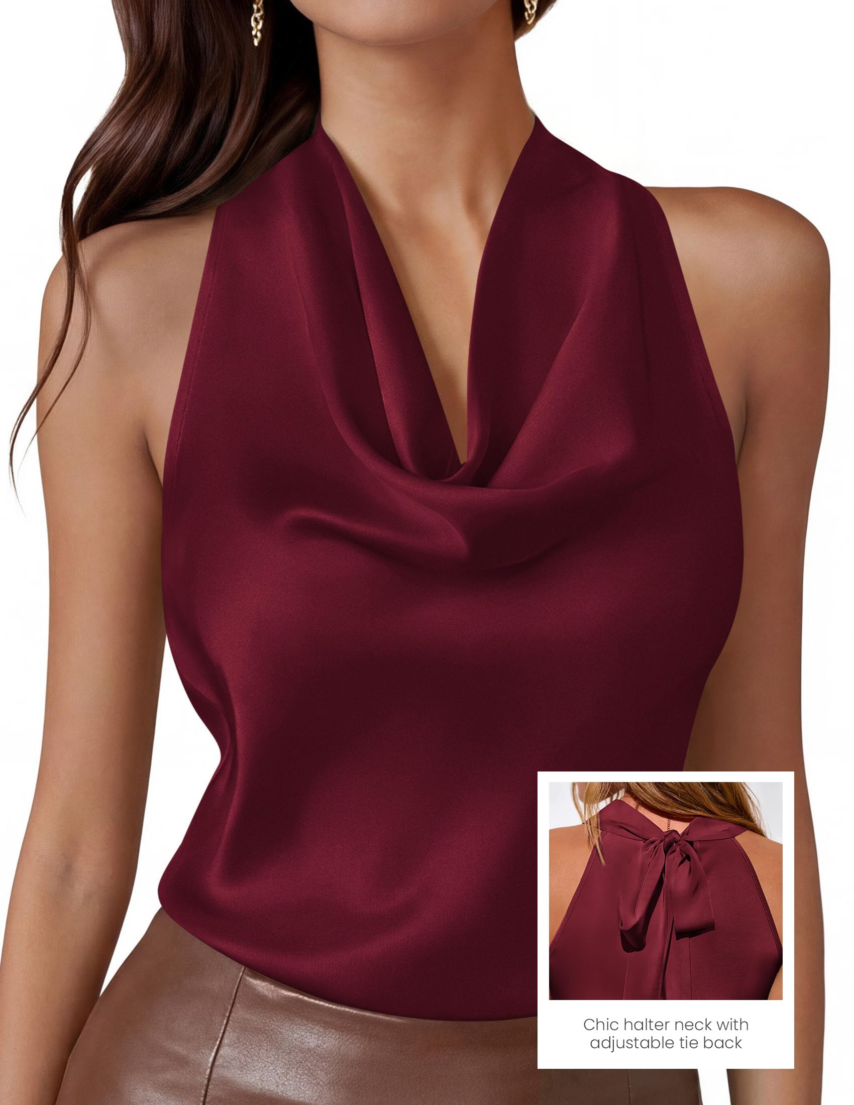 Satin Halter Tops for Women Dressy Casual Wine Red,XS