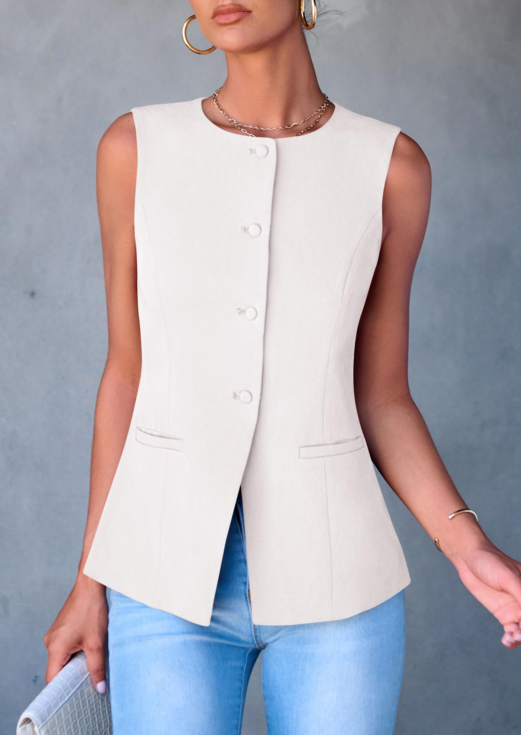 Women Tailored Suit Vest Business Casual Tops, White,S