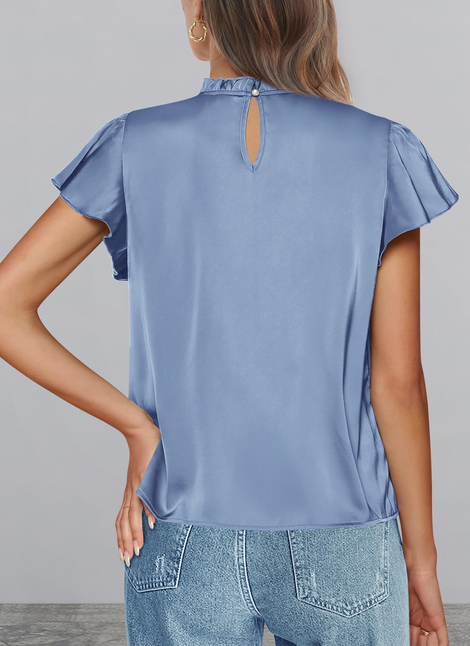 Women's Satin Tops Business Casual Work Blouses, Blue,S