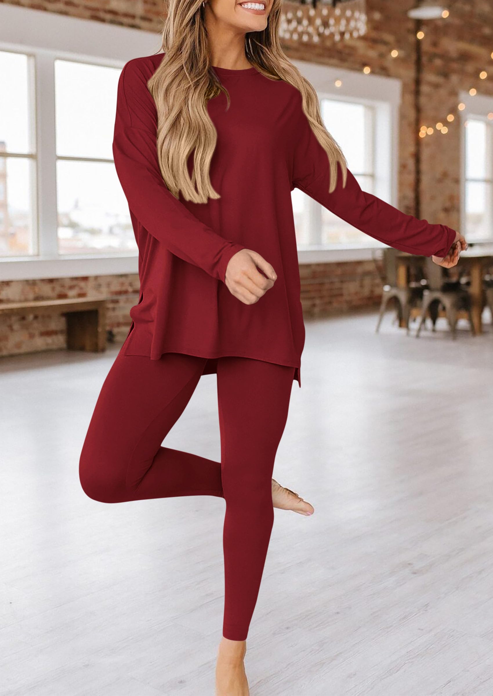Women's 2 Piece Outfits Matching Lounge Sets,Wine Red,S
