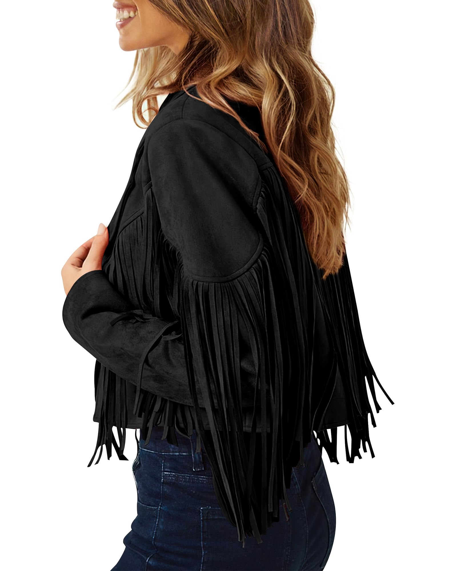 Women's Fringe Faux Suede Leather Jackets,Black,S