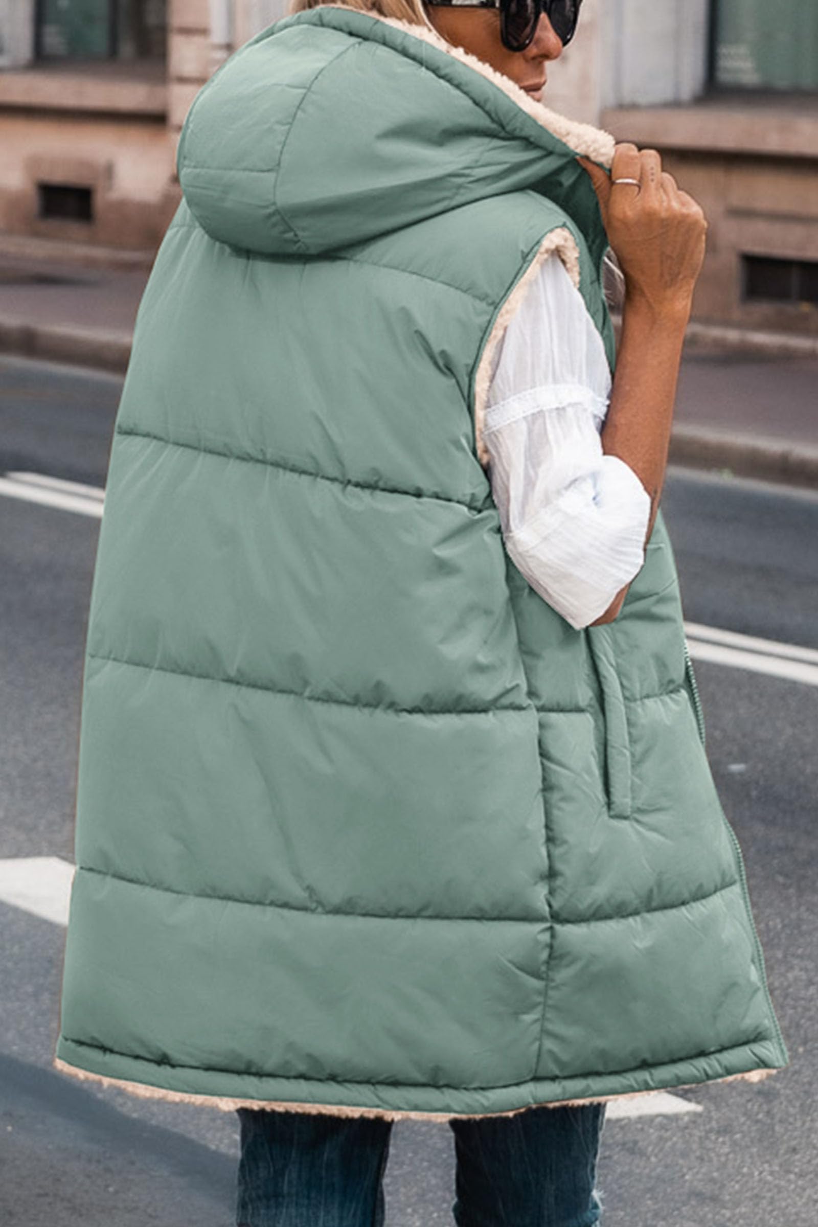 Women's Winter Reversible Fleece Long Vests(Grey Green,S)
