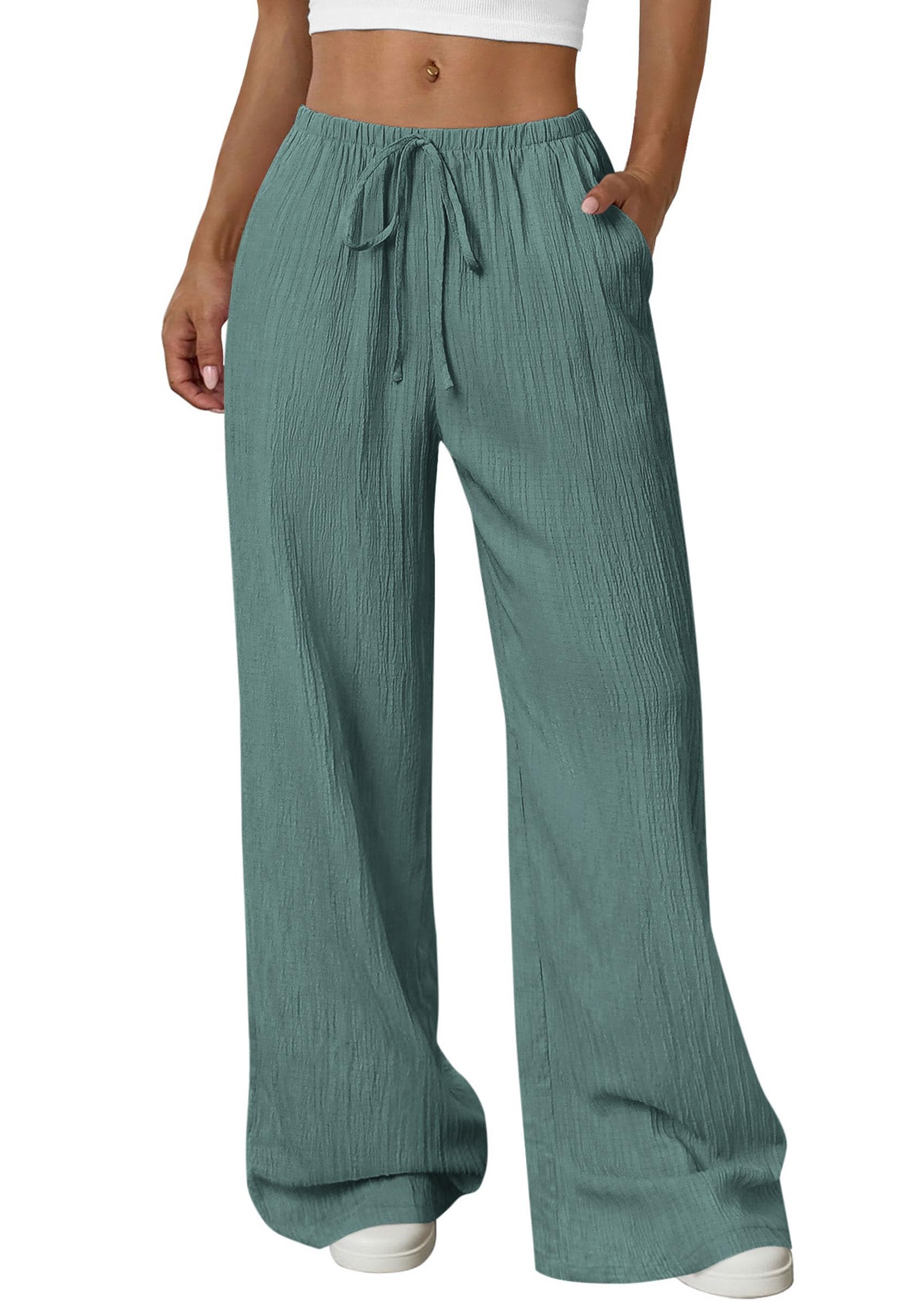 Women's Palazzo Pants Casual Wide Leg Trousers,Blue Green,S