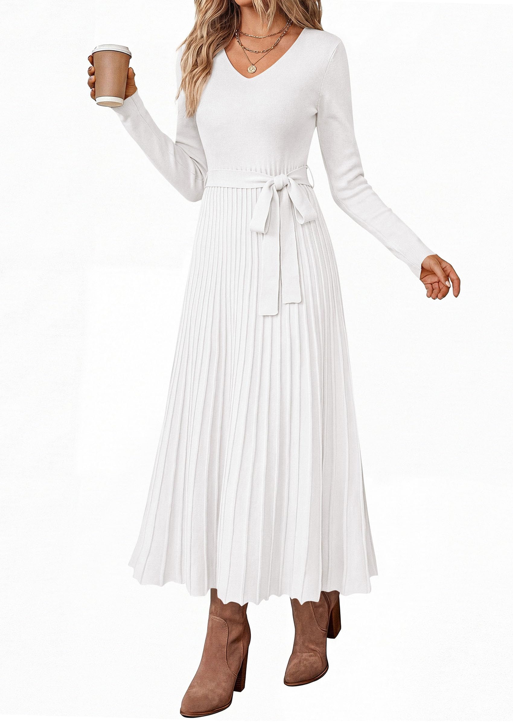 Womens Fall Maxi Long Sleeve Sweater Dress,White,S