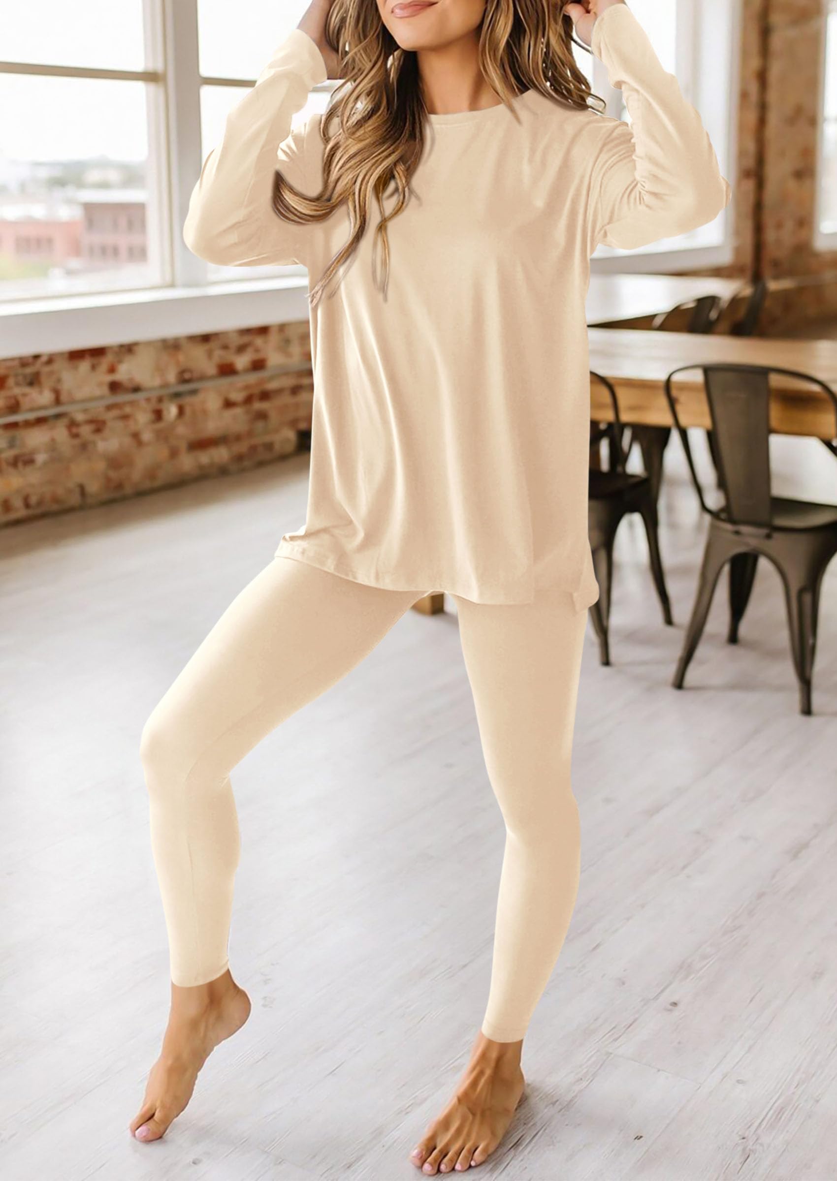 Women's 2 Piece Outfits Matching Lounge Sets,Beige,S