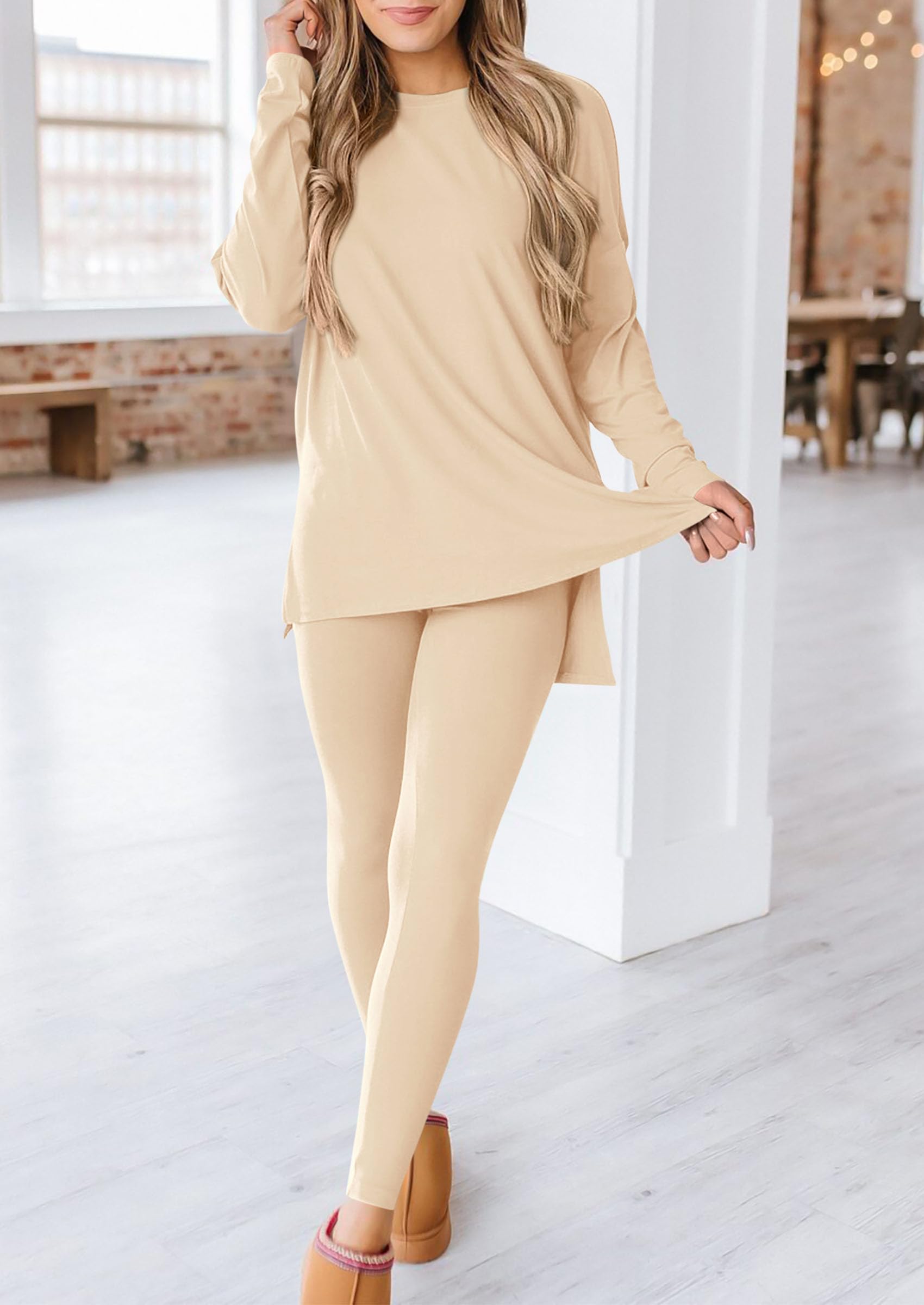 Women's 2 Piece Outfits Matching Lounge Sets,Beige,S
