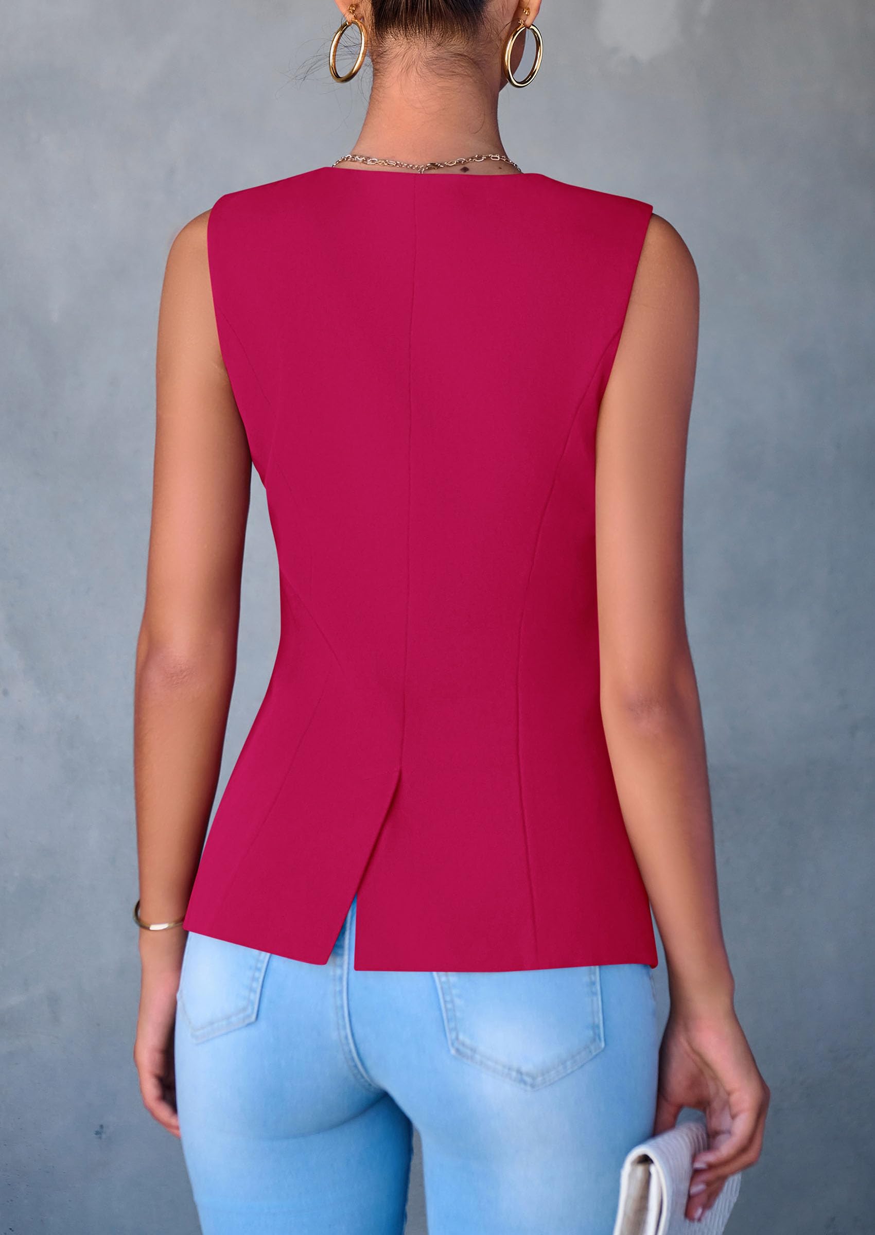 Women Tailored Suit Vest Business Casual Tops, Magenta,S