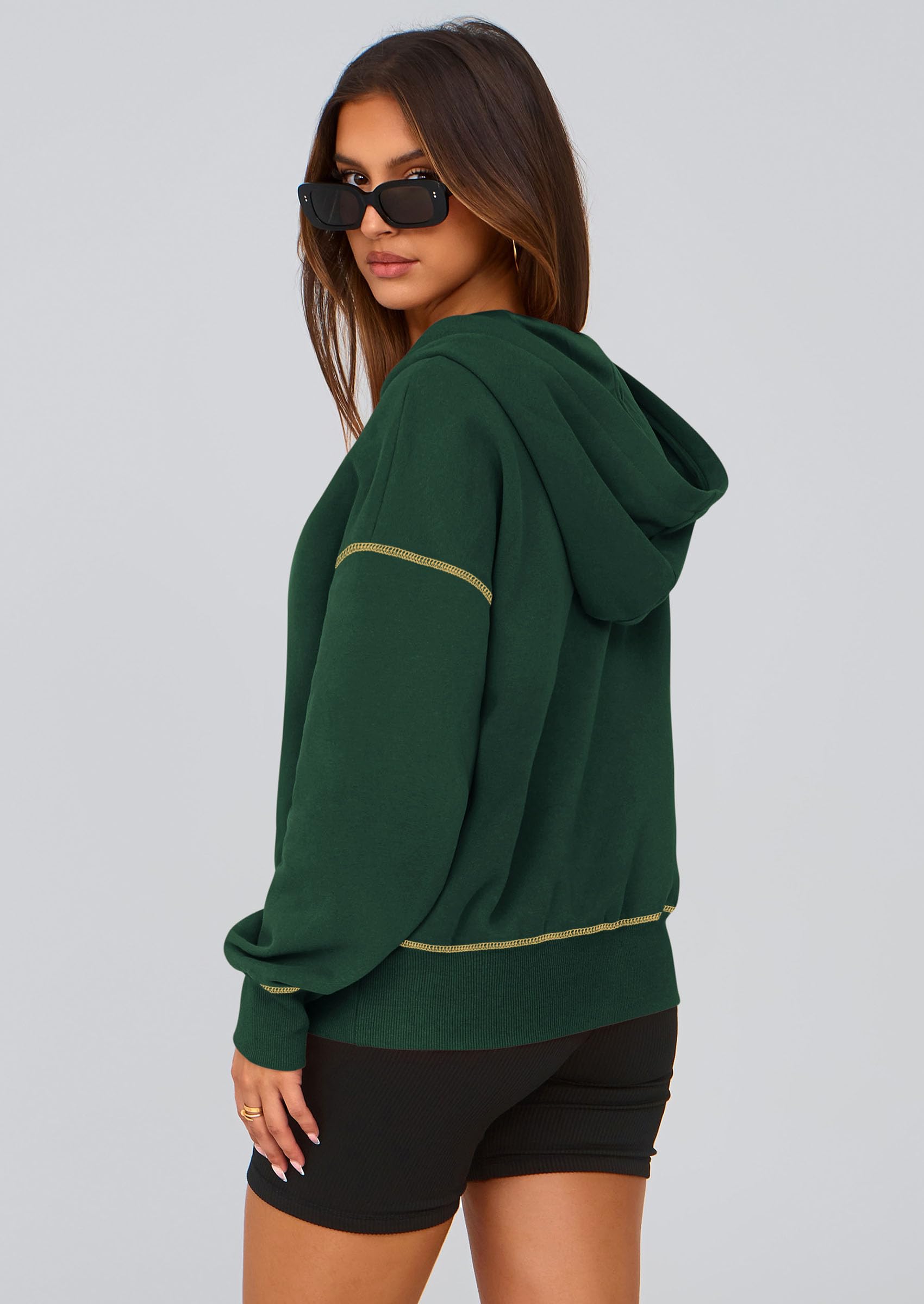 Women's Fall Half Zip Cropped Hoodie Sweatshirt Dark Green