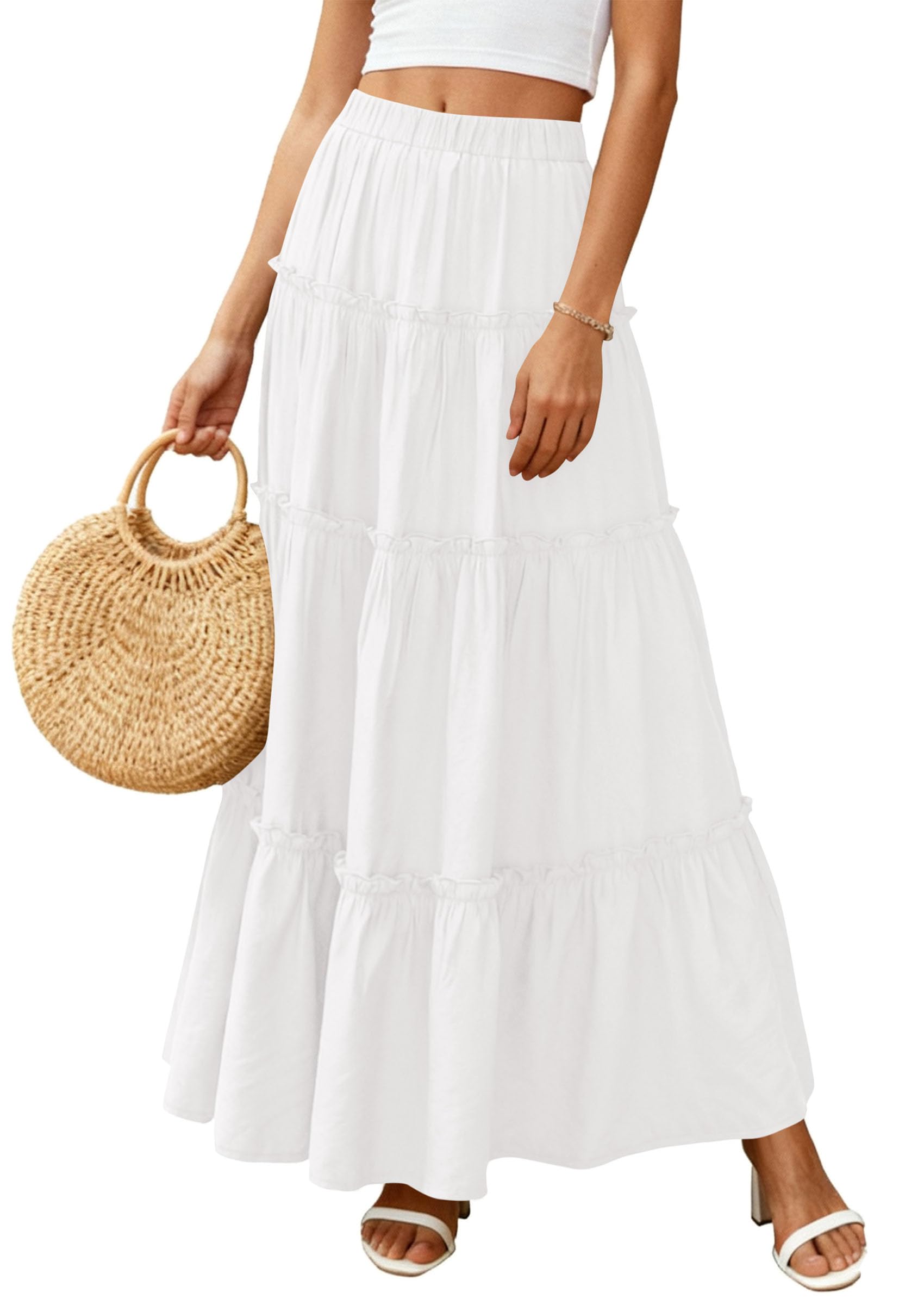 Women's Boho Tiered Ruffle Flowy Maxi Skirt, White,M