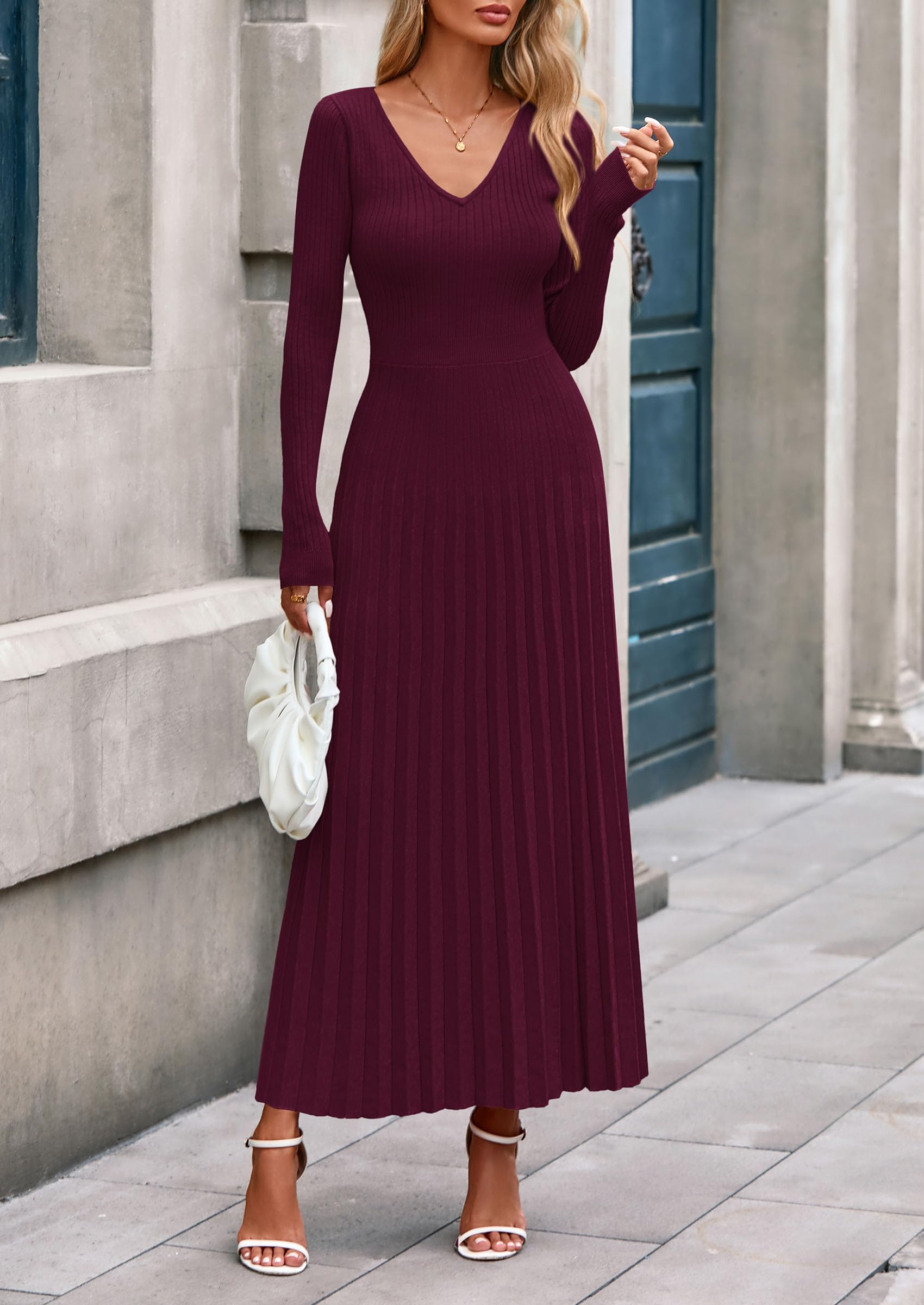 Sweater Dress Women Long Sleeve Maxi Flowy Pleated Dresses