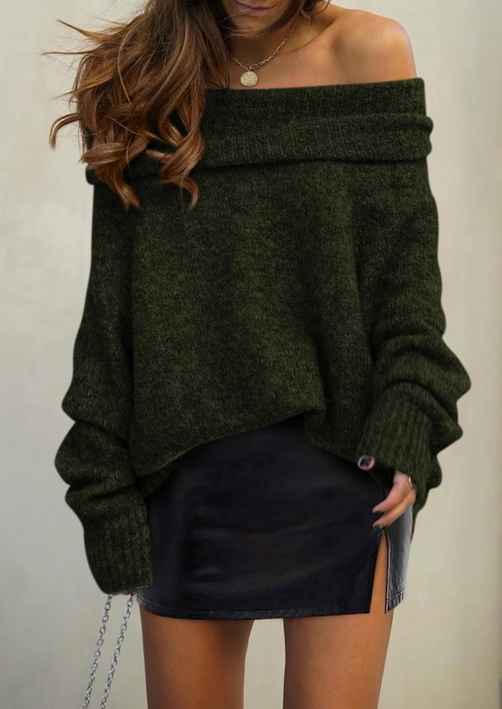 Women's Fall Off The Shoulder Sweater,Dark Army Green,S