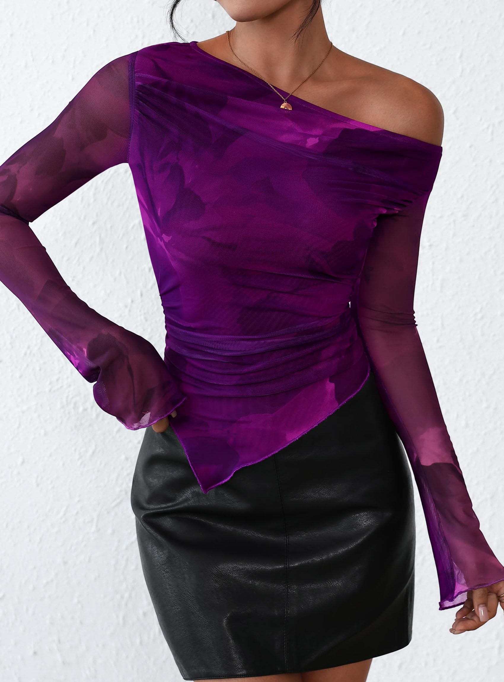 Womens Off Shoulder Mesh Y2k Tops,Print Purple,XS