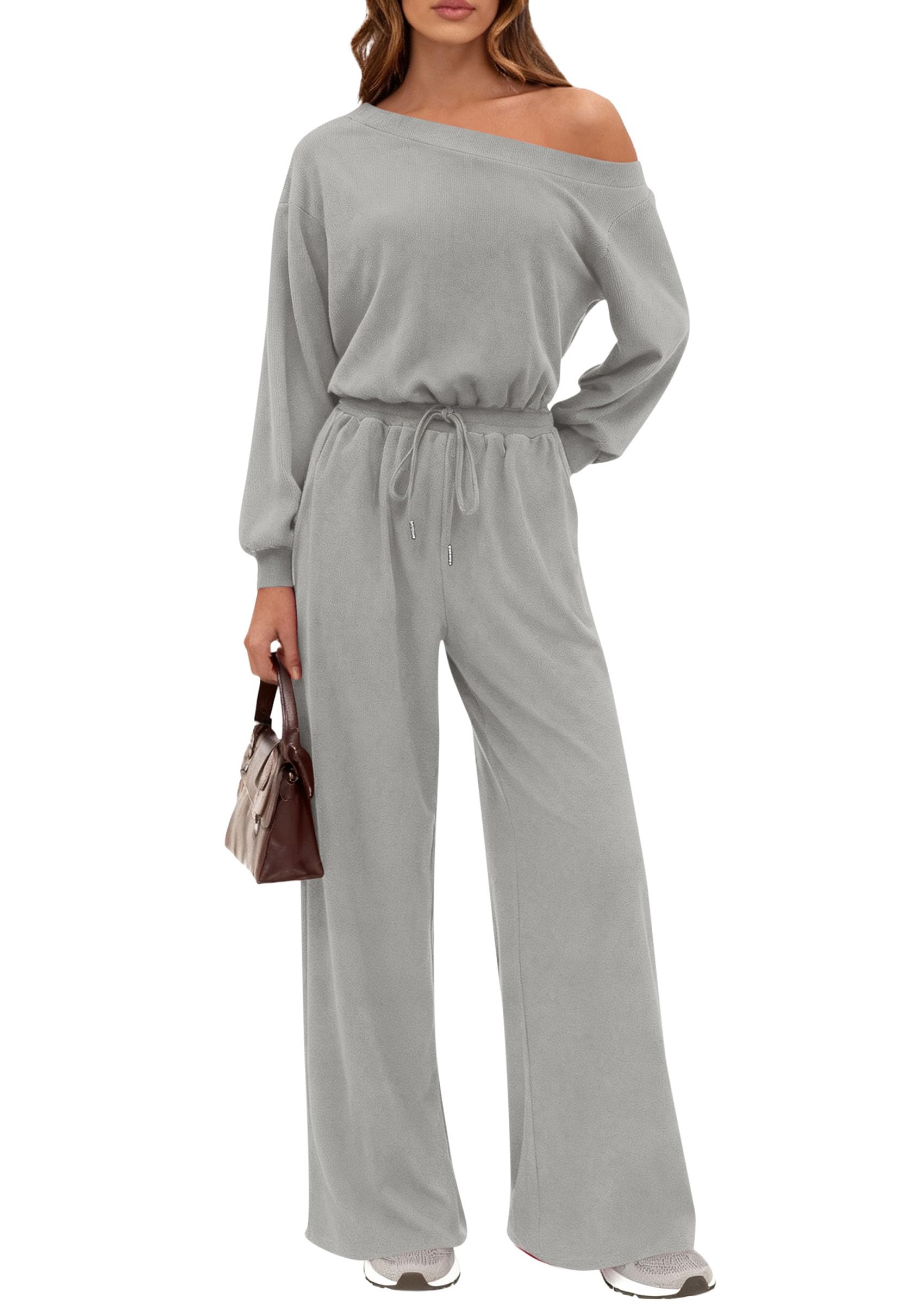 Womens Off Shoulder Long Sleeve Jumpsuit,Grey,S