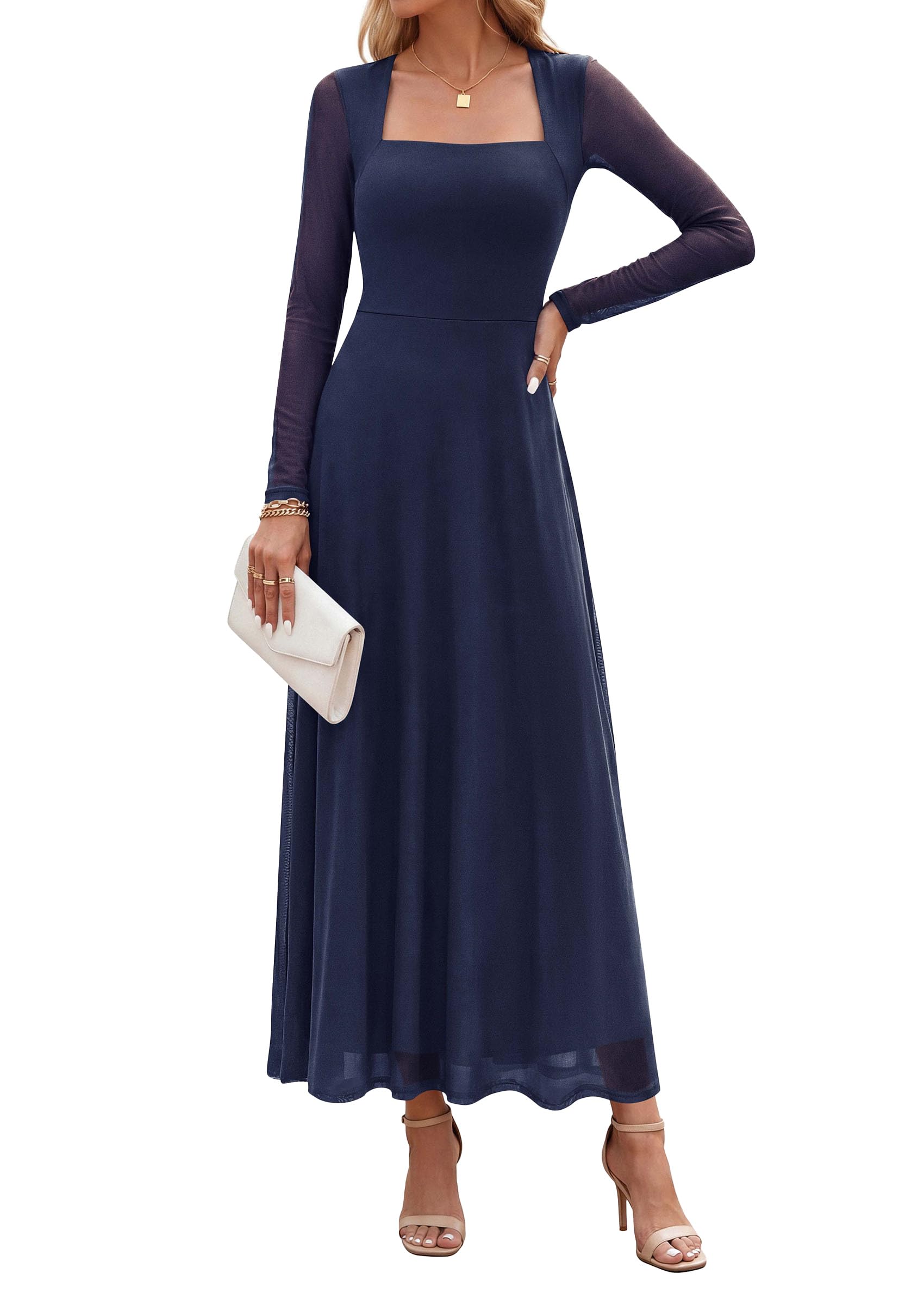 Women's Flowy Maxi Mesh Fall Cocktail Wedding Guest Dresses