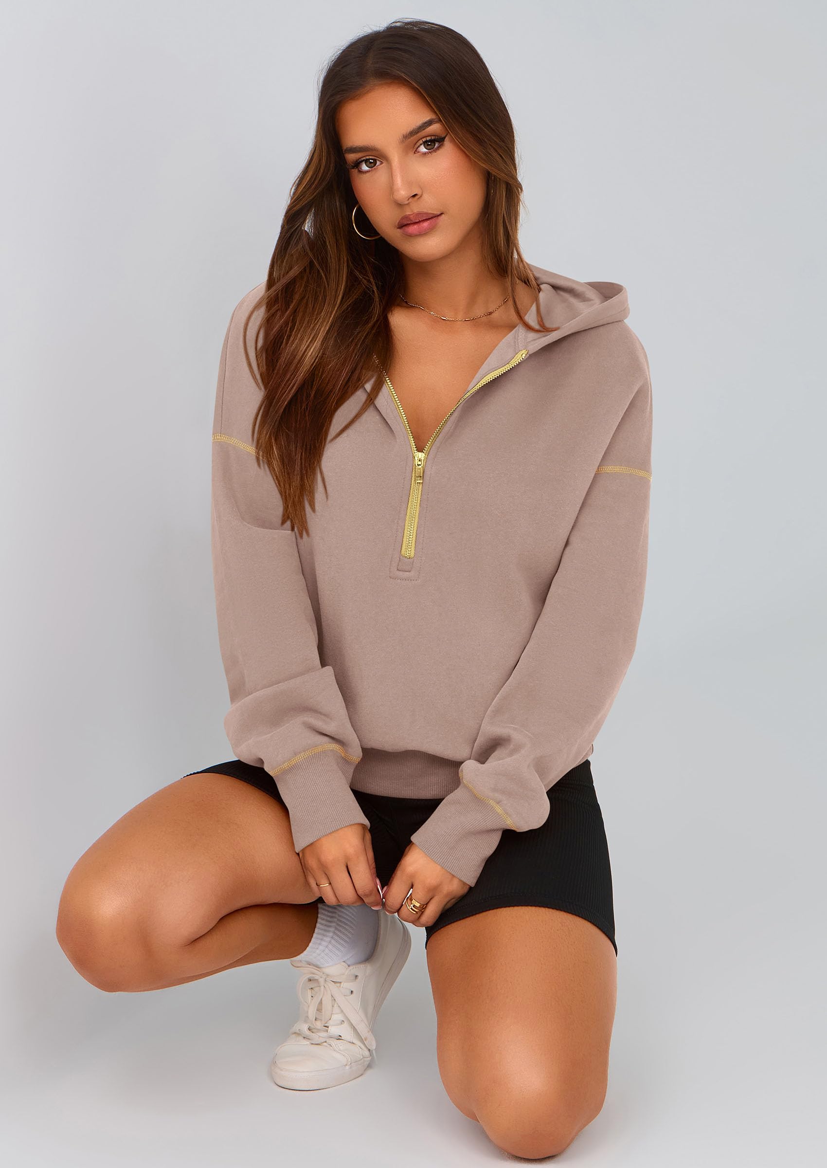 Women's Fall Half Zip Cropped Hoodie Sweatshirt Khaki