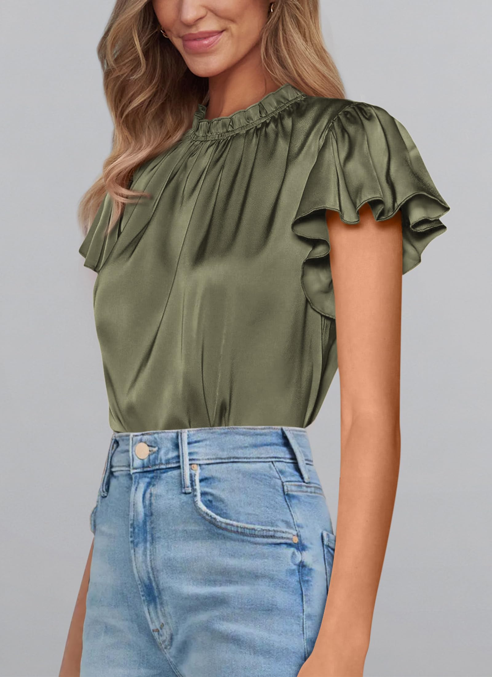 Women's Satin Tops Business Casual Work Blouses, Army Green,L