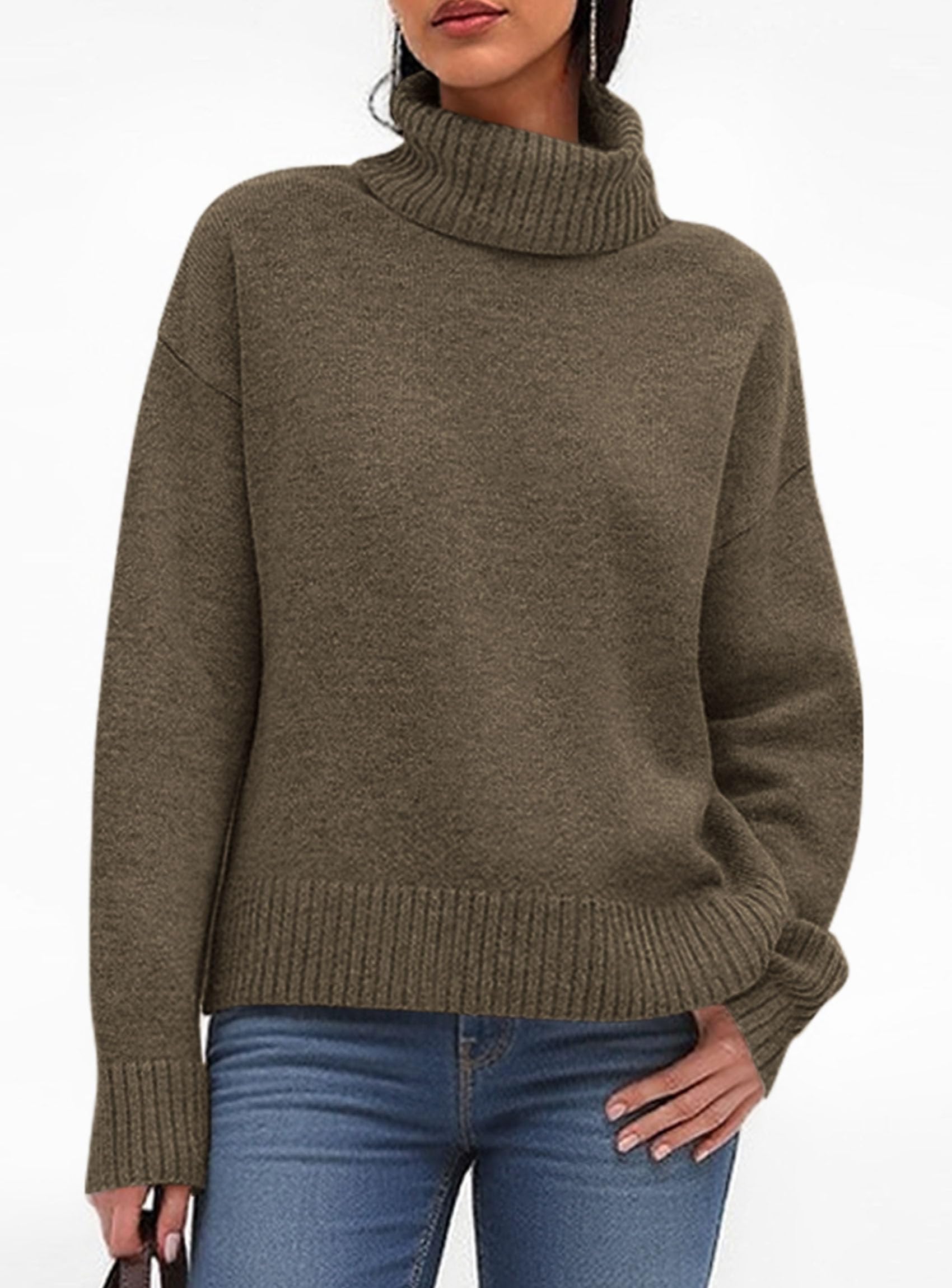 Womens Turtleneck Long Sleeve Knit Sweater,Dark Grey Green,S