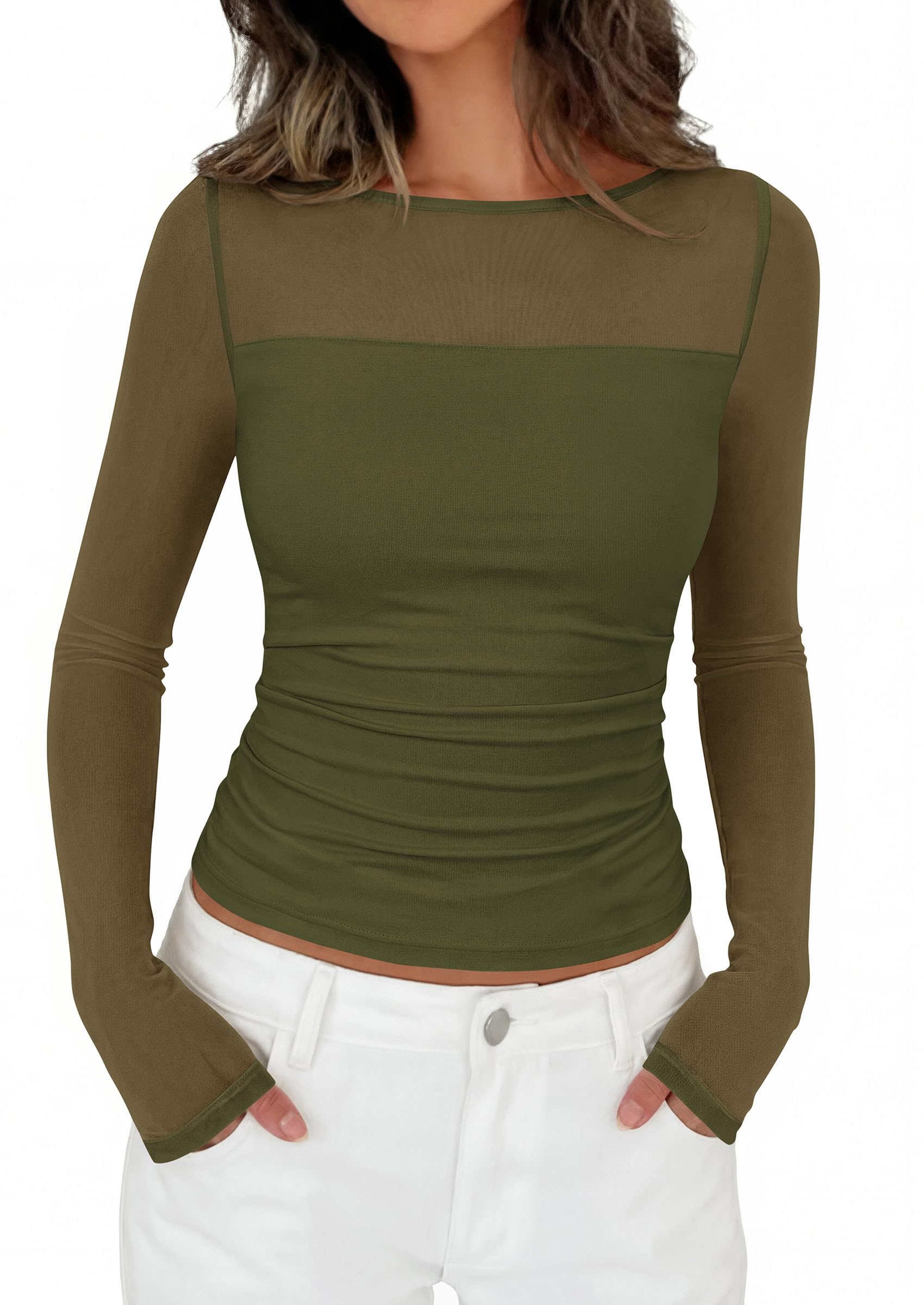 Women's Sheer Mesh Long Sleeve Going Out Tops (Army Green,S)
