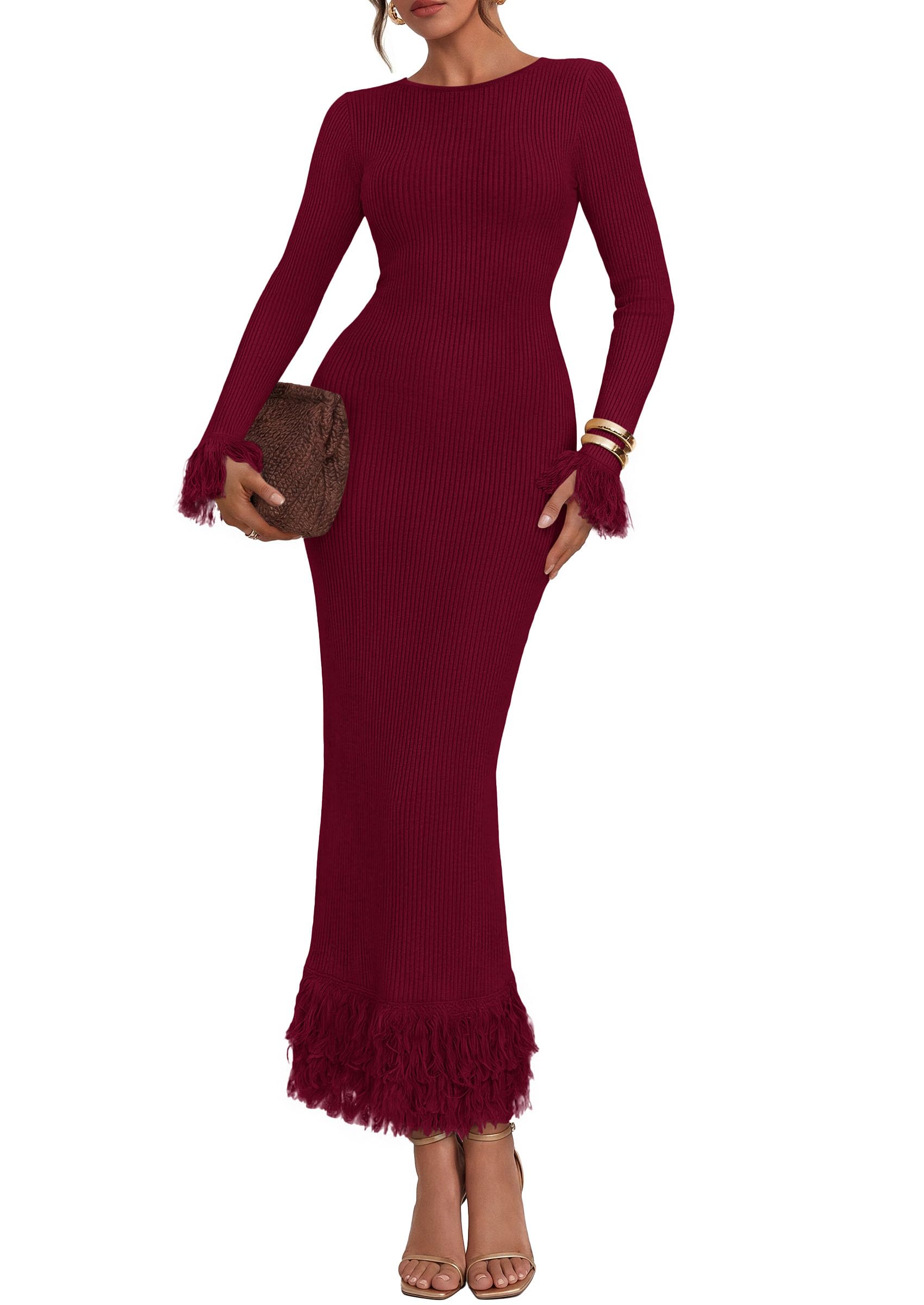 Womens Long Sleeve Bodycon Sweater Dress,Wine Red,Small