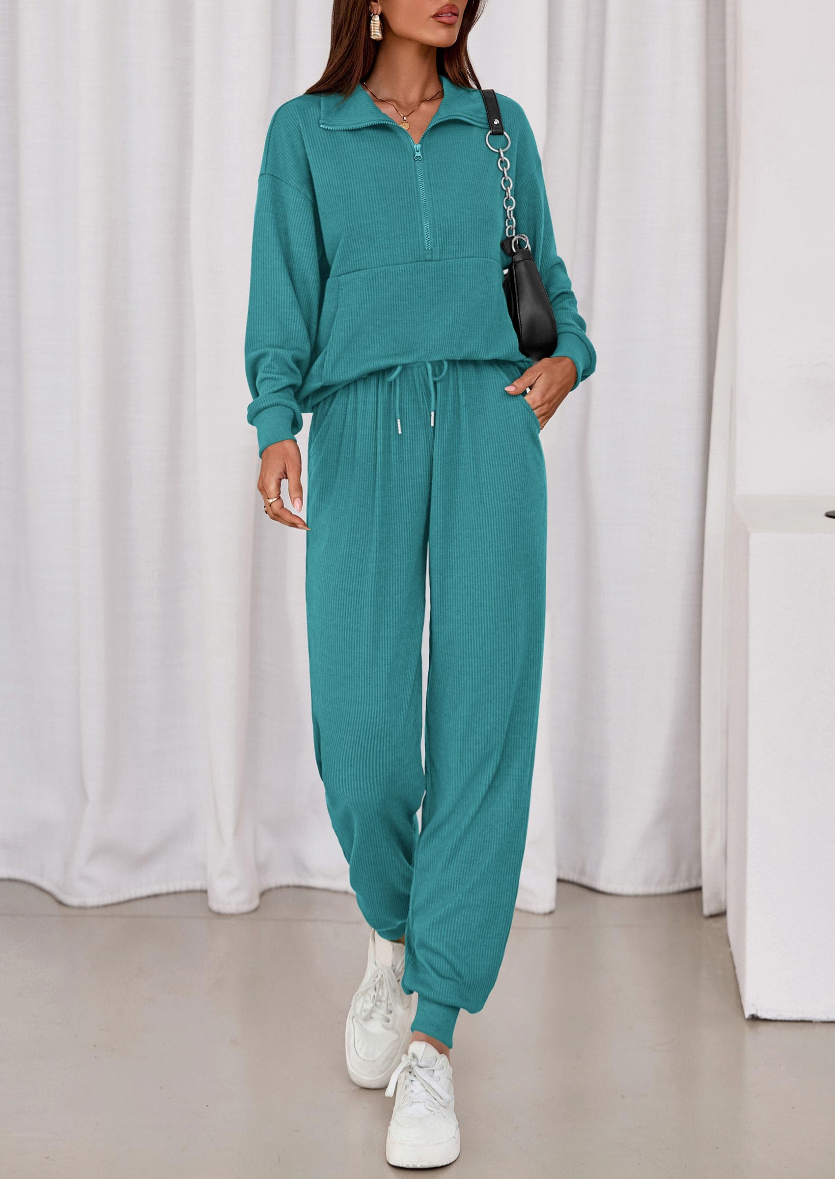 Airport Travel Outfit Women Ribbed Knit Matching Lounge Sets
