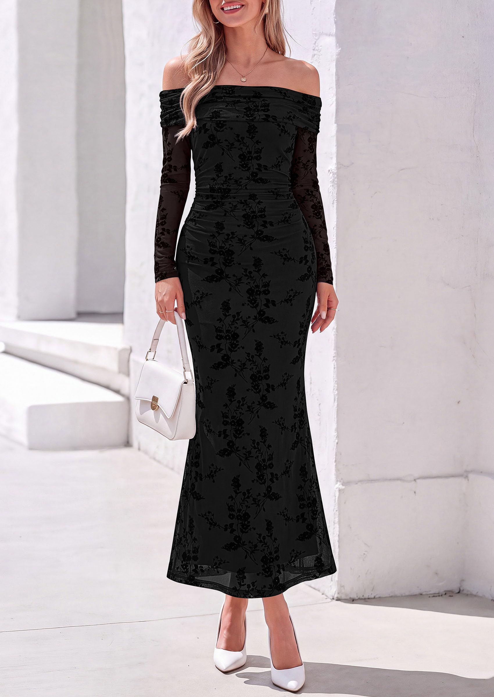 Womens Fall Off Shoulder Floral Maxi Wedding Guest Dress Black