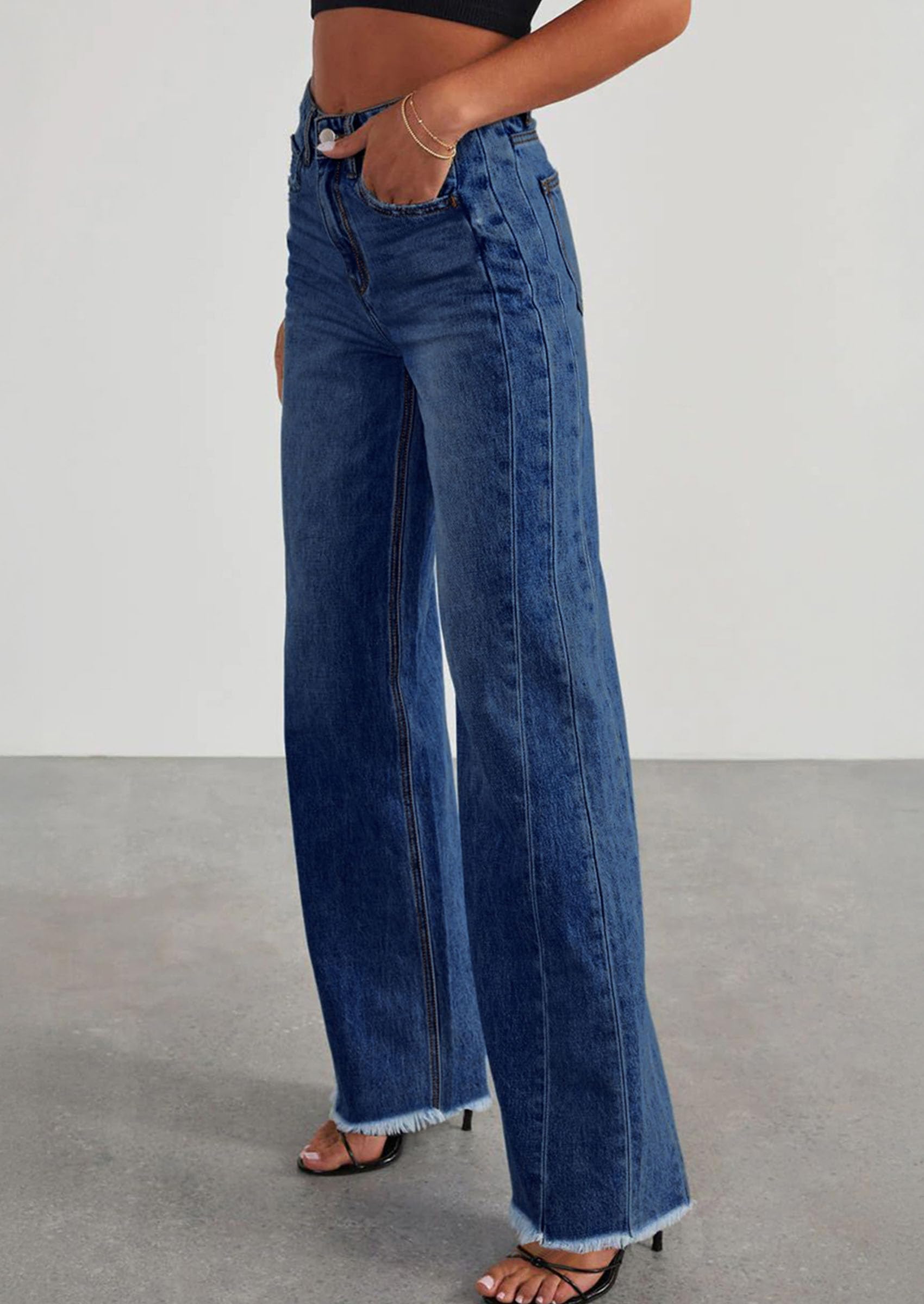 Women's Wide Leg Jeans Raw Hem Denim Pants,Bluing,6
